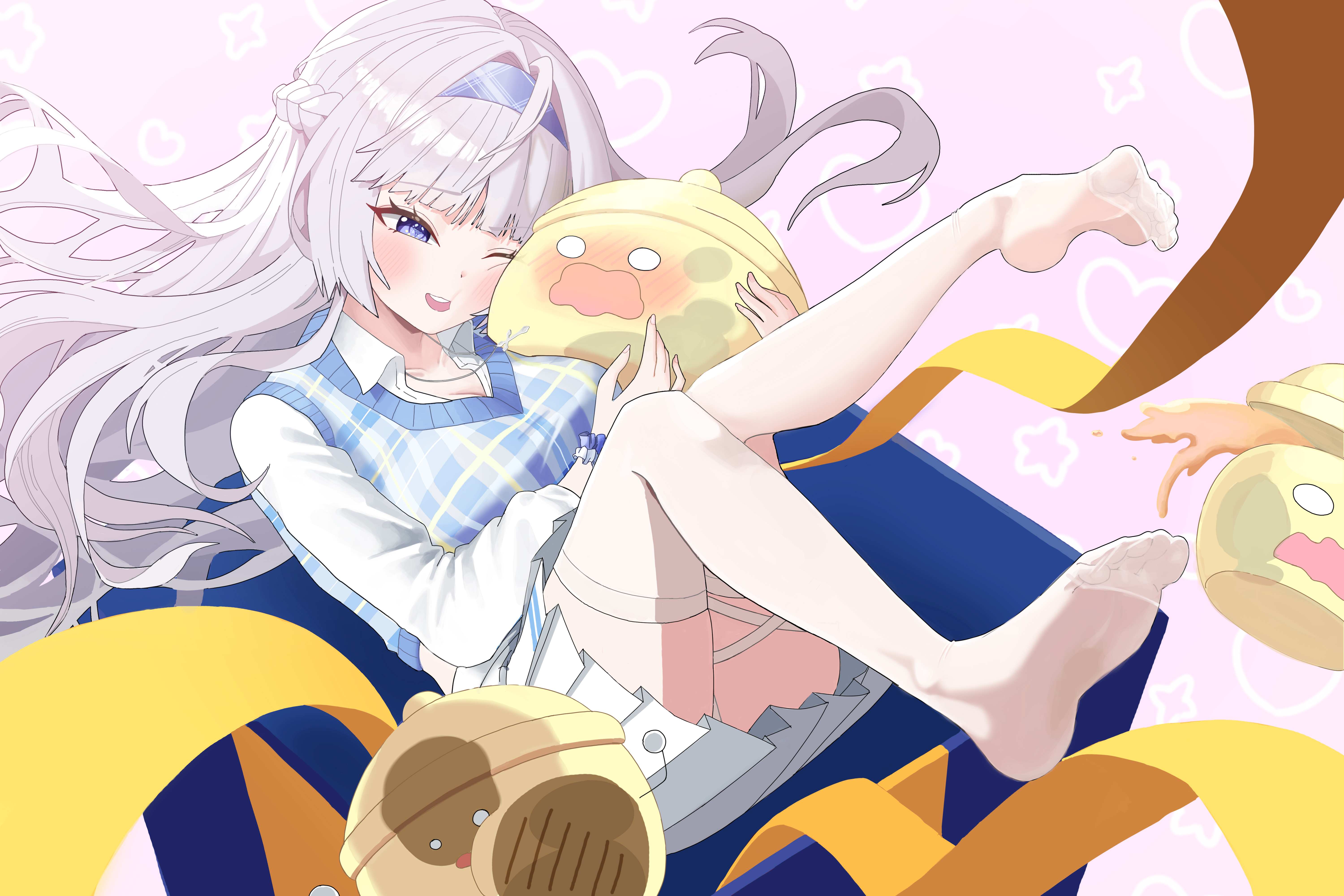 kkaennip, absurdres, character request, commentary, copyright request, english commentary, highres, 1girl, blue eyes, blue hairband, blue sweater vest, blush, braid, breasts, cleavage, creature, feet, floating hair, full body, grey hair, hairband, half up braid, large breasts, legs up, long hair, long sleeves, no shoes, o o, one eye closed, open mouth, panties, panty peek, pink background, plaid clothes, plaid sweater vest, pleated skirt, ribbon, shirt, skirt, soles, sweater vest, thighhighs, toes, underwear, virtual youtuber, wavy mouth, white panties, white shirt, white skirt, white thighhighs, yellow ribbon