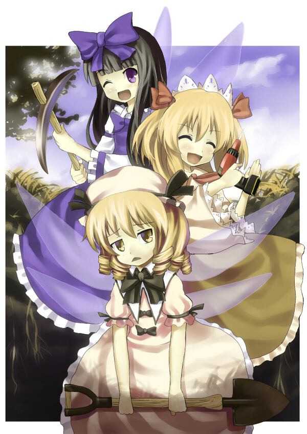 hidebo, luna child, star sapphire, sunny milk, perfect memento in strict sense, touhou, bad id, bad pixiv id, 3girls, black hair, blonde hair, cloud, drill, drill hair, female focus, hat, multiple girls, outdoors, pickaxe, plant, purple eyes, shovel, sky, standing, tree, twintails, wings, wink, worktool, yellow eyes