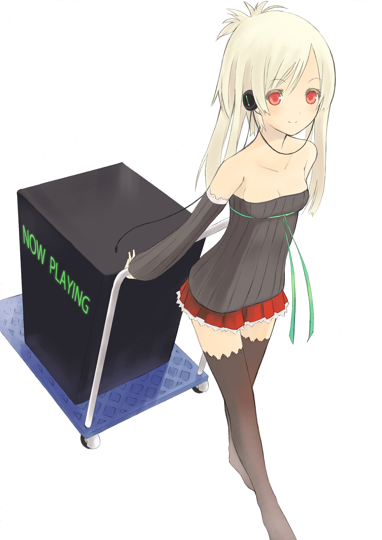 mk (masatusaboten), original, bad id, bad pixiv id, highres, 1girl, bare shoulders, black thighhighs, blonde hair, box, breasts, cable, cart, cleavage, detached sleeves, female focus, frilled skirt, frills, from above, green ribbon, headphones, long hair, long sleeves, looking at viewer, pleated skirt, red eyes, ribbon, simple background, skirt, small breasts, smile, solo, standing, strapless, swept bangs, thighhighs, tube top, white background, zettai ryouiki