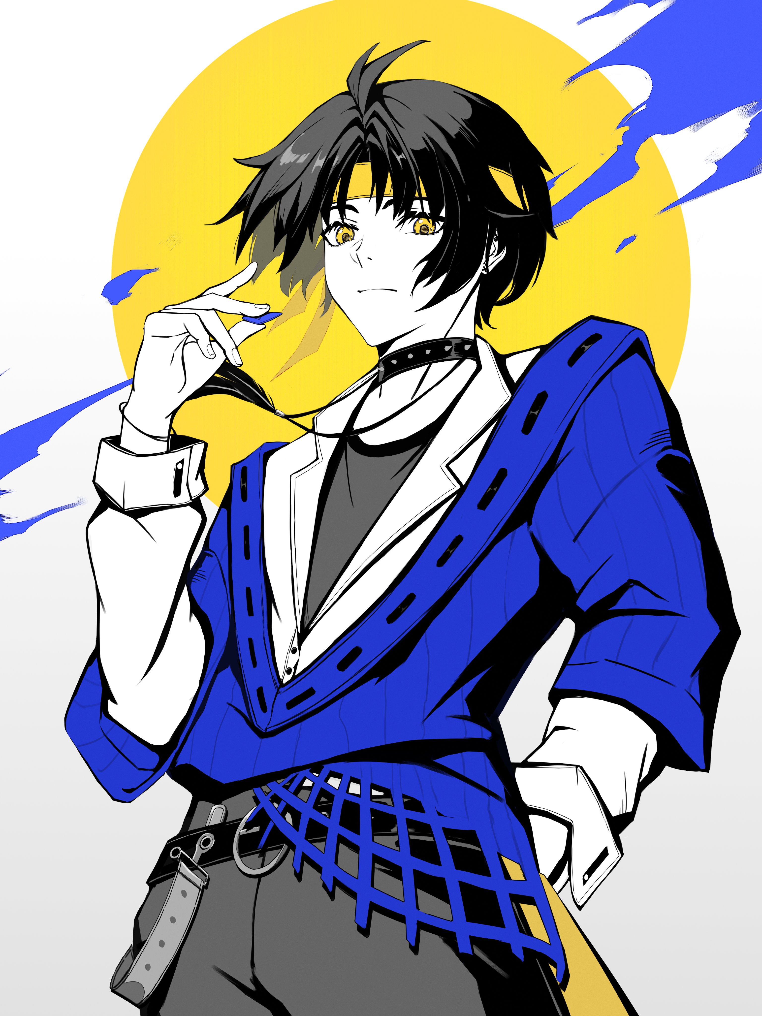 1216767974xue, asaba harumasa, zenless zone zero, absurdres, commentary, highres, 1boy, alternate costume, black hair, blue sweater, border, closed mouth, collar, cowboy shot, earrings, grey background, grey pants, hand up, holding, holding plectrum, jewelry, looking at viewer, male focus, necklace, pants, parted bangs, plectrum, round border, shirt, short hair, solo, spiked collar, spikes, sweater, two-tone background, white shirt, yellow background, yellow eyes