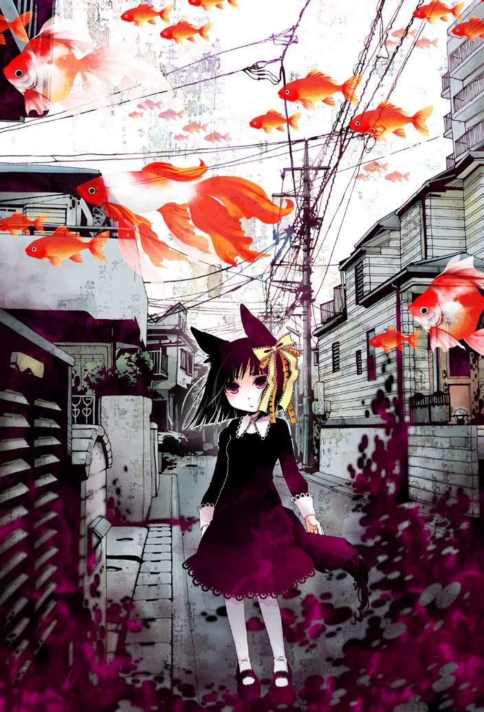 moonyan, original, animal ears, black hair, bob cut, cat ears, child, dress, fish, hair ribbon, mary janes, pantyhose, power lines, purple eyes, ribbon, shoes, solo