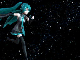 hatsune miku, vocaloid, animated, animated gif, lowres, 1girl, 3d, black theme, black thighhighs, female focus, psychedelic, running, solo, space, thighhighs, twintails