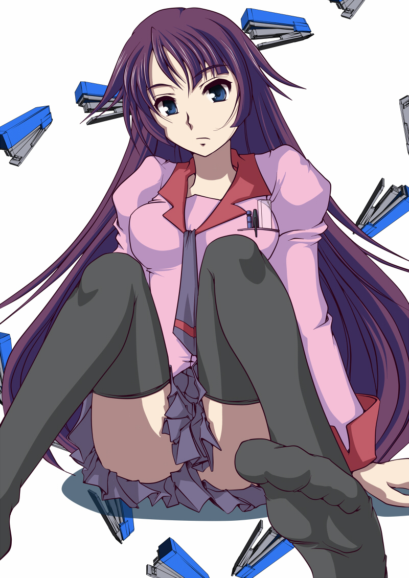 ranshin, senjougahara hitagi, bakemonogatari, monogatari (series), 00s, 1girl, blue eyes, breasts, feet, female focus, long hair, necktie, purple hair, school uniform, skirt, solo, stapler, stationery, thighhighs, white background