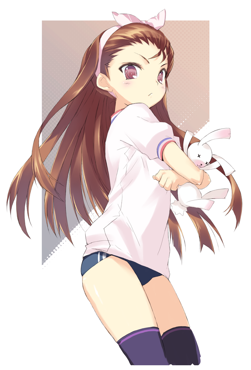 kawata hisashi, minase iori, idolmaster, idolmaster (classic), highres, 00s, 1girl, angry, blush, brown hair, buruma, female focus, gym uniform, hair ribbon, hairband, long hair, rabbit, red eyes, ribbon, solo, stuffed animal, stuffed rabbit, stuffed toy, thighhighs