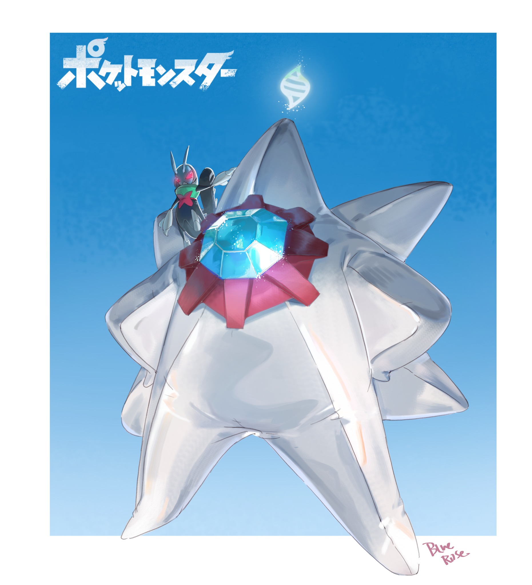 bluerosevenom, lokix, mega starmie, starmie, nintendo, pokemon, commentary request, highres, alternate color, antennae, blue background, blue gemstone, border, braid, full body, gem, gen 1 pokemon, hands on own hips, mega evolution symbol, mega pokemon, no humans, on shoulder, pokemon (creature), pokemon focus, pokemon on shoulder, shiny pokemon, signature, simple background, standing, white border