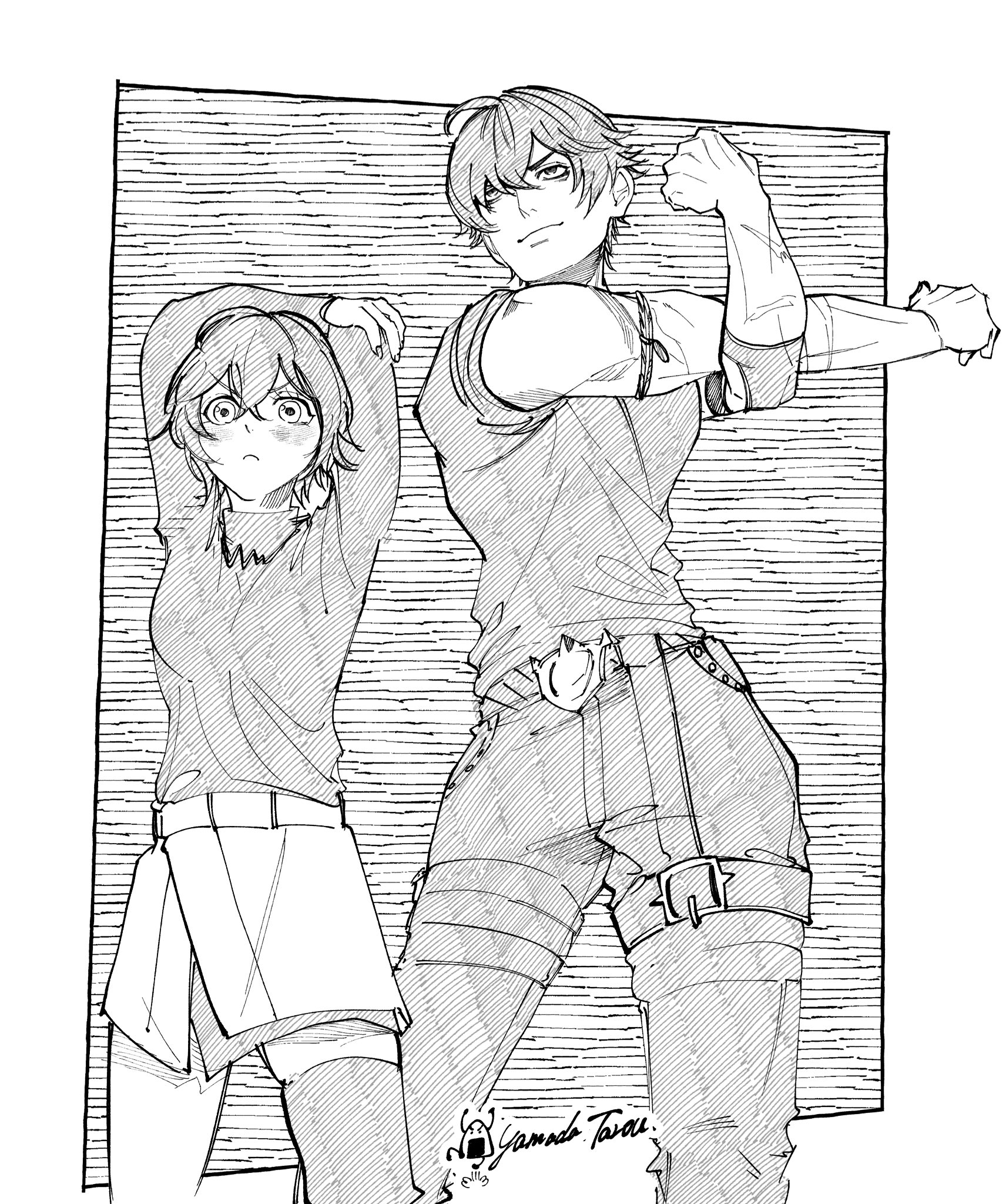 belle (zenless zone zero), lighter (zenless zone zero), zenless zone zero, commentary, highres, symbol-only commentary, 03 kyv, 1boy, 1girl, arm strap, artist name, black shirt, blush, border, closed mouth, cowboy shot, crossed bangs, greyscale, hair between eyes, hair over one eye, jewelry, monochrome, necklace, scar, scar on arm, shirt, shirt tucked in, short hair, single thighhigh, skirt, stretching, striped background, thighhighs, white border