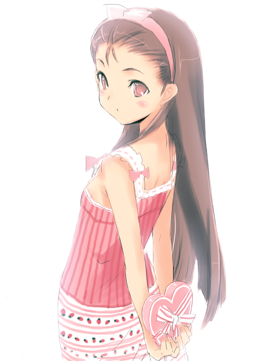 kawata hisashi, minase iori, idolmaster, idolmaster (classic), highres, 00s, 1girl, bare shoulders, blush, brown eyes, brown hair, casual, female focus, flat chest, gift, hairband, heart, holding, holding gift, long hair, looking back, ribbon, skirt, solo, valentine