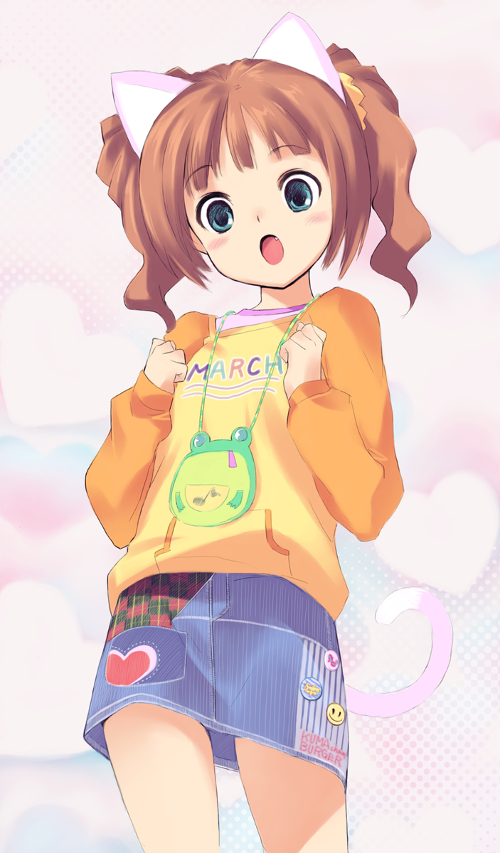 kawata hisashi, takatsuki yayoi, idolmaster, idolmaster (classic), highres, 00s, 1girl, :o, animal ears, blush, brown hair, cat ears, cat tail, denim, denim skirt, fang, female focus, from below, green eyes, looking down, open mouth, raglan sleeves, short hair, skirt, solo, tail, twintails