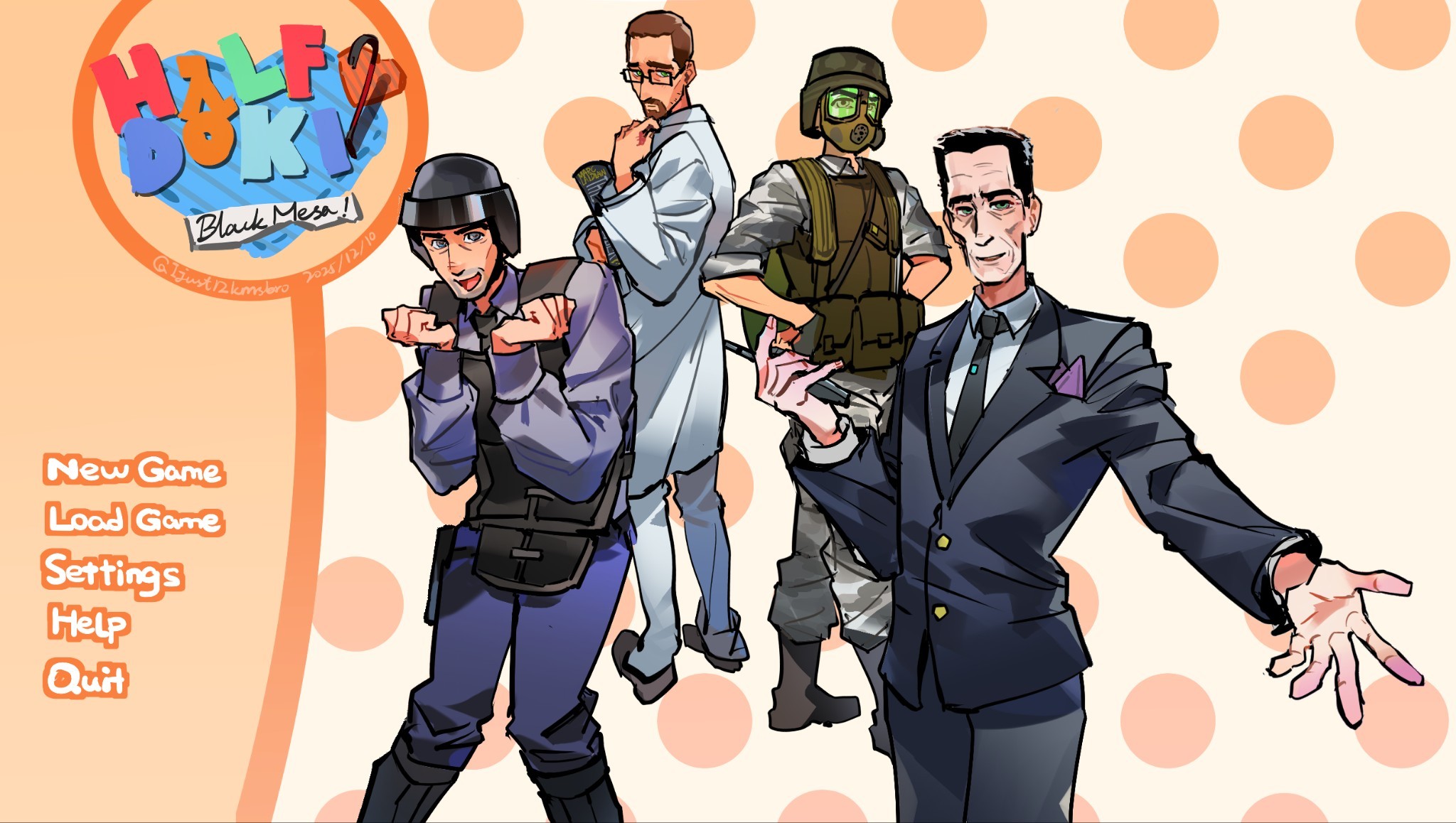 adrian shephard, barney calhoun, g-man, gordon freeman, doki doki literature club, half-life, half-life (series), half-life 1, highres, 4boys, :d, beard, beard stubble, black-framed eyewear, black boots, black hair, black helmet, black jacket, black necktie, black pants, blue pants, blue shirt, boots, brand name imitation, brown hair, bulletproof vest, coat, collared shirt, combat helmet, dress shirt, english text, facial hair, formal clothes, gas mask, glasses, green helmet, grey eyes, grey pants, grey shirt, hands on own hips, hands up, helmet, ijust12kmsbro, jacket, lab coat, looking at viewer, looking back, male focus, mask, military uniform, multiple boys, necktie, open mouth, orange background, pants, parody, polka dot, polka dot background, rectangular eyewear, shirt, short hair, smile, stubble, suit, white coat, white pants, white shirt