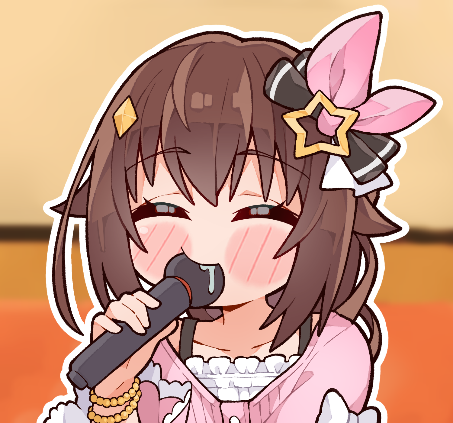 kukie-nyan, tokino sora, tokino sora (casual), hololive, commentary, highres, photo-referenced, 1girl, ^ ^, bead bracelet, beads, blurry, blurry background, blush stickers, bracelet, brown hair, closed eyes, hair flaps, hair ornament, hair ribbon, holding, holding microphone, jewelry, long hair, microphone, official alternate costume, official alternate hairstyle, outline, pink ribbon, pink shirt, ribbon, saliva, shirt, solo, star (symbol), star hair ornament, upper body, virtual youtuber, white outline