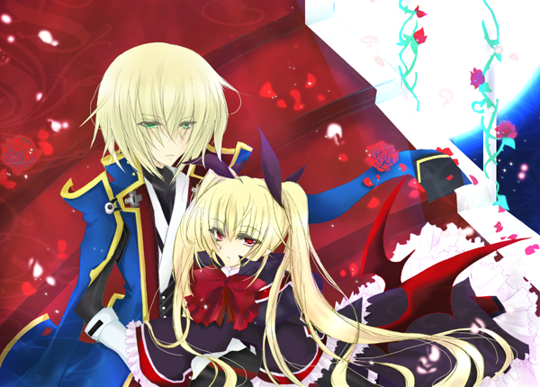 kisaragi jin, rachel alucard, arc system works, blazblue, blazblue: calamity trigger, uniform, 1boy, 1girl, blonde hair, blue theme, flower, gothic lolita, green eyes, lolita fashion, moon, moonlight, plant, red eyes, ribbon, rose, vines