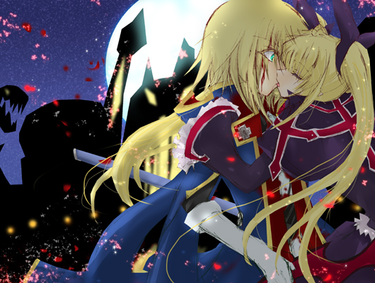kisaragi jin, rachel alucard, arc system works, blazblue, blazblue: calamity trigger, uniform, 1boy, 1girl, blonde hair, blood, closed eyes, french kiss, gloves, gothic lolita, green eyes, hetero, kiss, lolita fashion, long hair, moon, moonlight, night, red eyes, ribbon, twintails