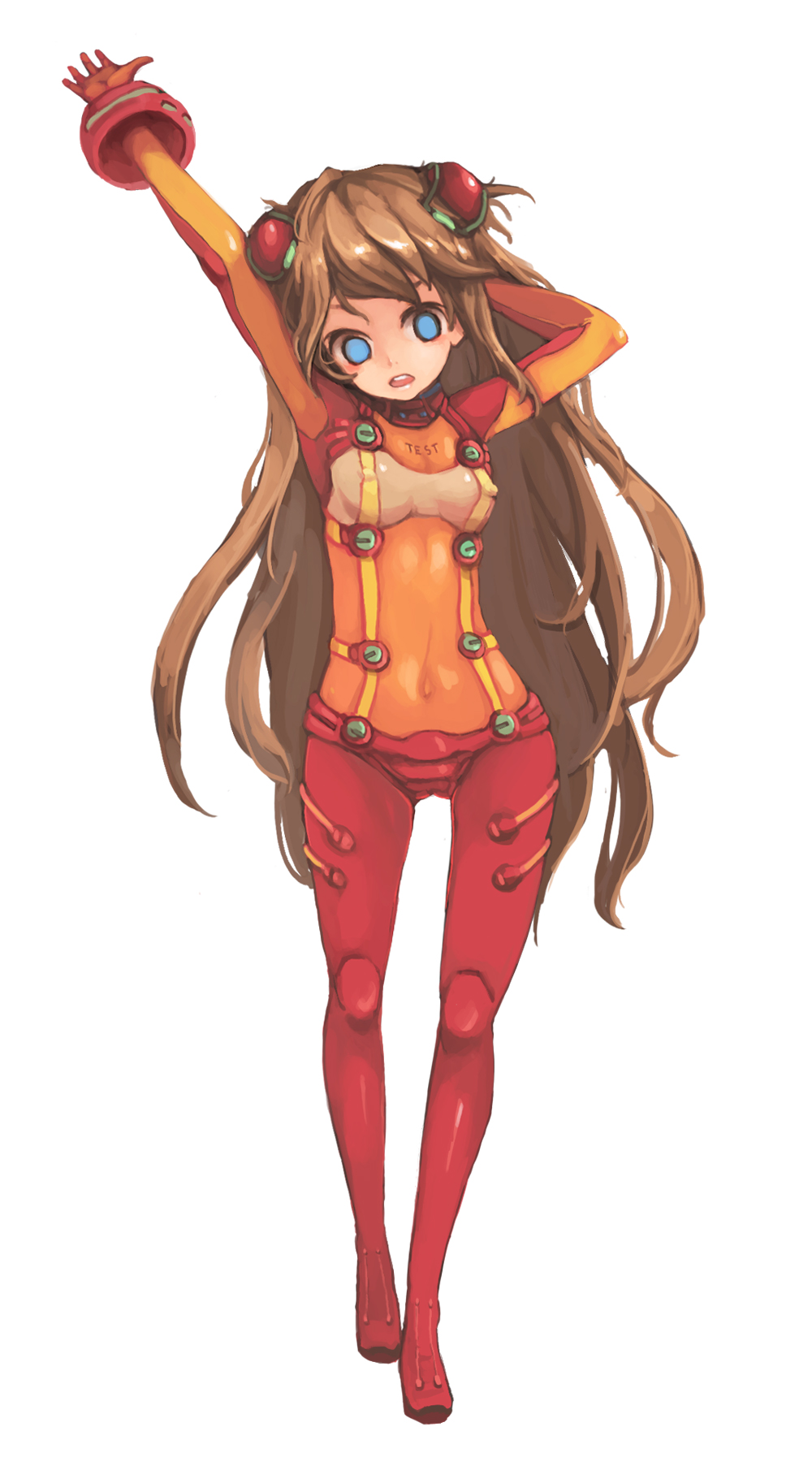 dakota, souryuu asuka langley, evangelion: 2.0 you can (not) advance, neon genesis evangelion, rebuild of evangelion, bad id, bad pixiv id, highres, 00s, 1girl, arms up, blue eyes, bodysuit, breasts, brown hair, cleavage, covered erect nipples, covered navel, curvy, empty eyes, female focus, full body, long hair, mecha pilot suit, medium breasts, midriff, navel, open mouth, plugsuit (evangelion), see-through bodysuit, see-through cleavage, see-through clothes, simple background, solo, test plugsuit (evangelion), twintails, white background, wide hips