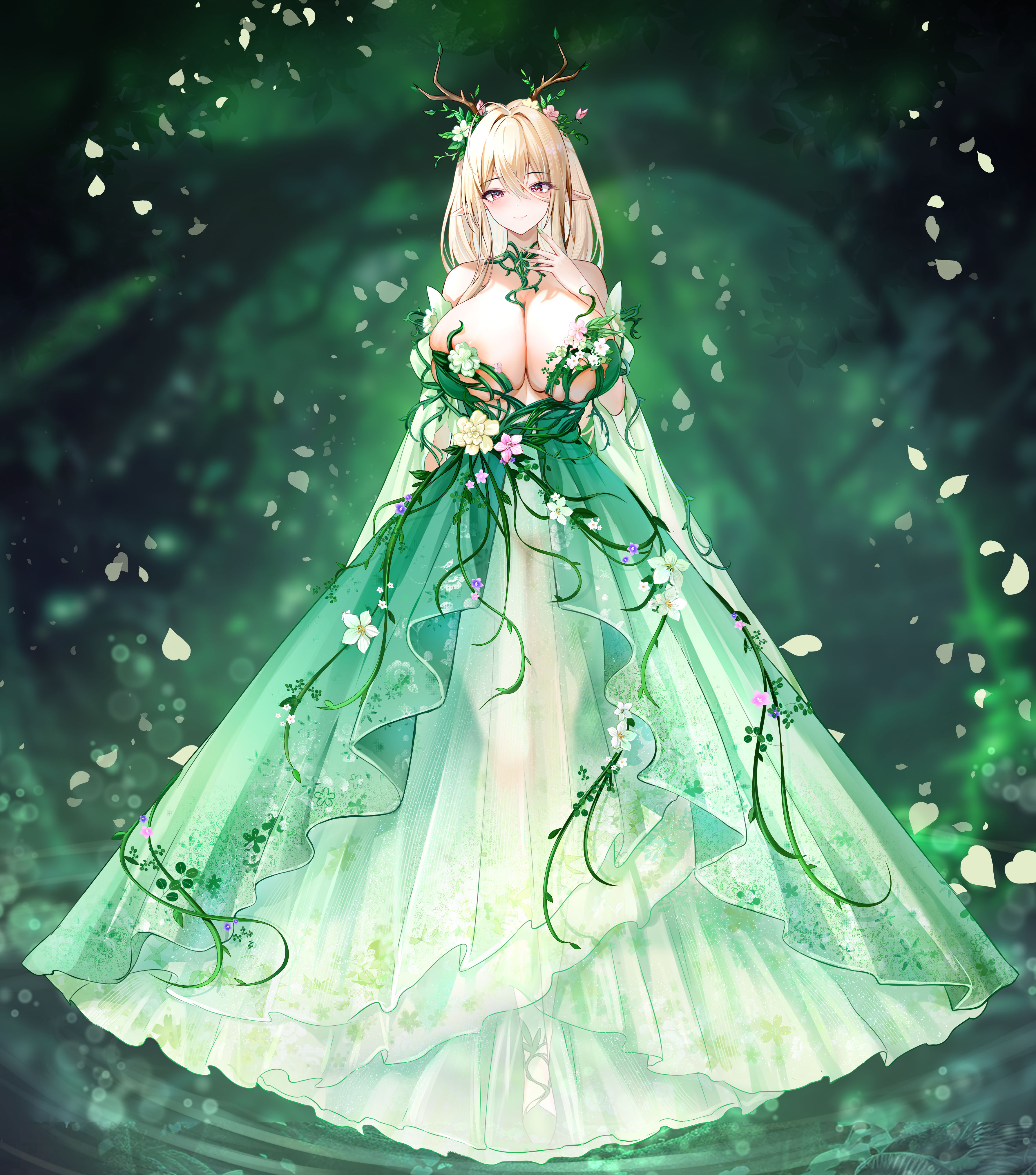 akusamu, gouden leeuw (azur lane), azur lane, absurdres, commentary request, highres, variant set, 1girl, alternate costume, areola slip, blonde hair, breasts, cleavage, dress, dress flower, elf, flower, full body, green dress, hair between eyes, huge breasts, long dress, looking at viewer, pink flower, pointy ears, purple eyes, see-through clothes, see-through dress, skindentation, sleeveless, sleeveless dress, solo, strapless, strapless dress, white flower