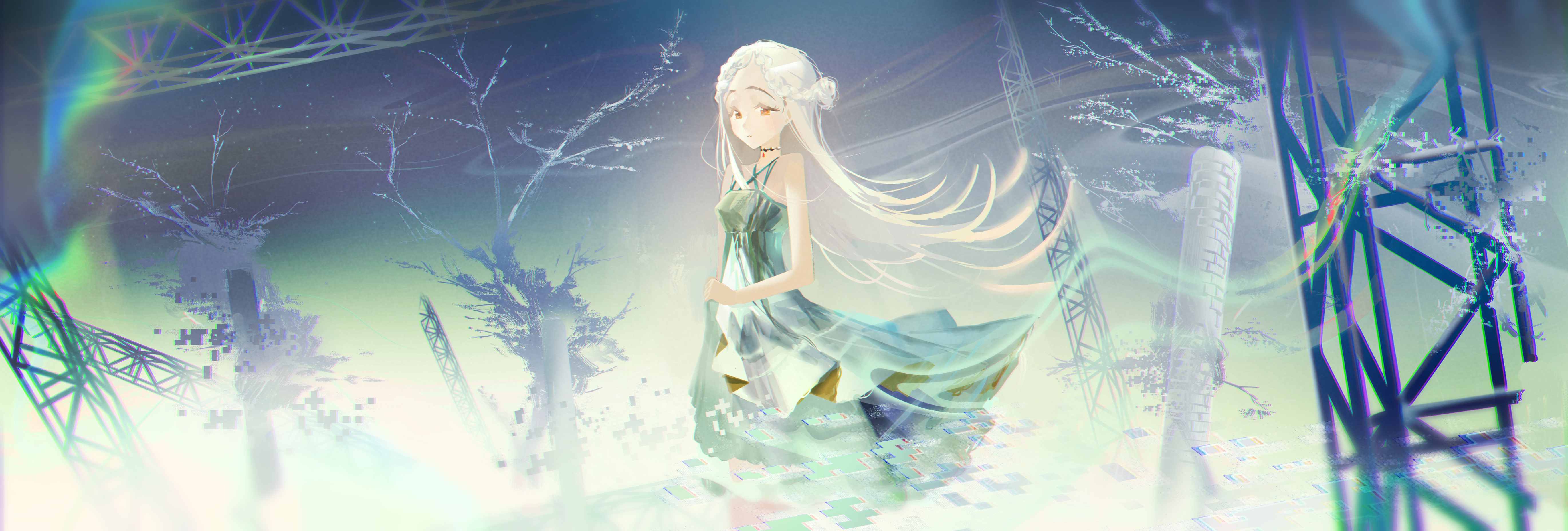 shinosawa hiro, gakuen idolmaster, idolmaster, absurdres, highres, 1girl, bare shoulders, dress, expressionless, floating hair, glitch, long hair, looking to the side, orange eyes, solo, superhoikoro, surreal, tree, white hair