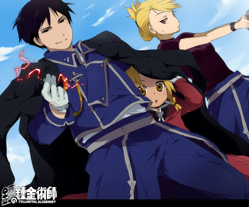 kl (dgzonbi), edward elric, riza hawkeye, roy mustang, fullmetal alchemist, 00s, 1girl, 2boys, :<, aiguillette, black hair, blonde hair, child, folded ponytail, grin, marksman, multiple boys, smile, sweatdrop, weapon, yellow eyes