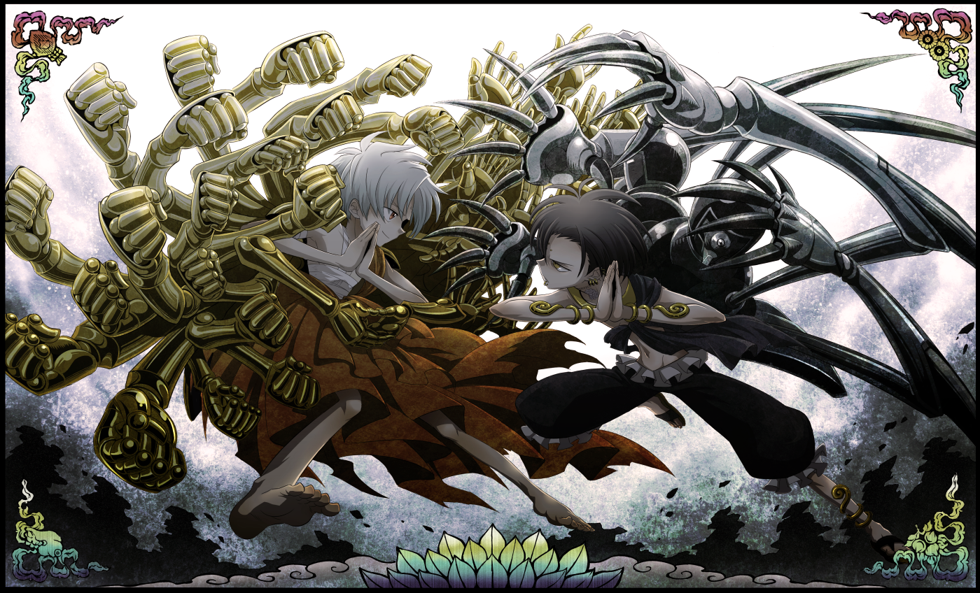 haifuki, togetsuhou, ashura (butsu zone), senju (butsu zone), butsu zone, 2boys, barefoot, battle, black hair, feet, grey hair, multiple boys, red eyes, yellow eyes