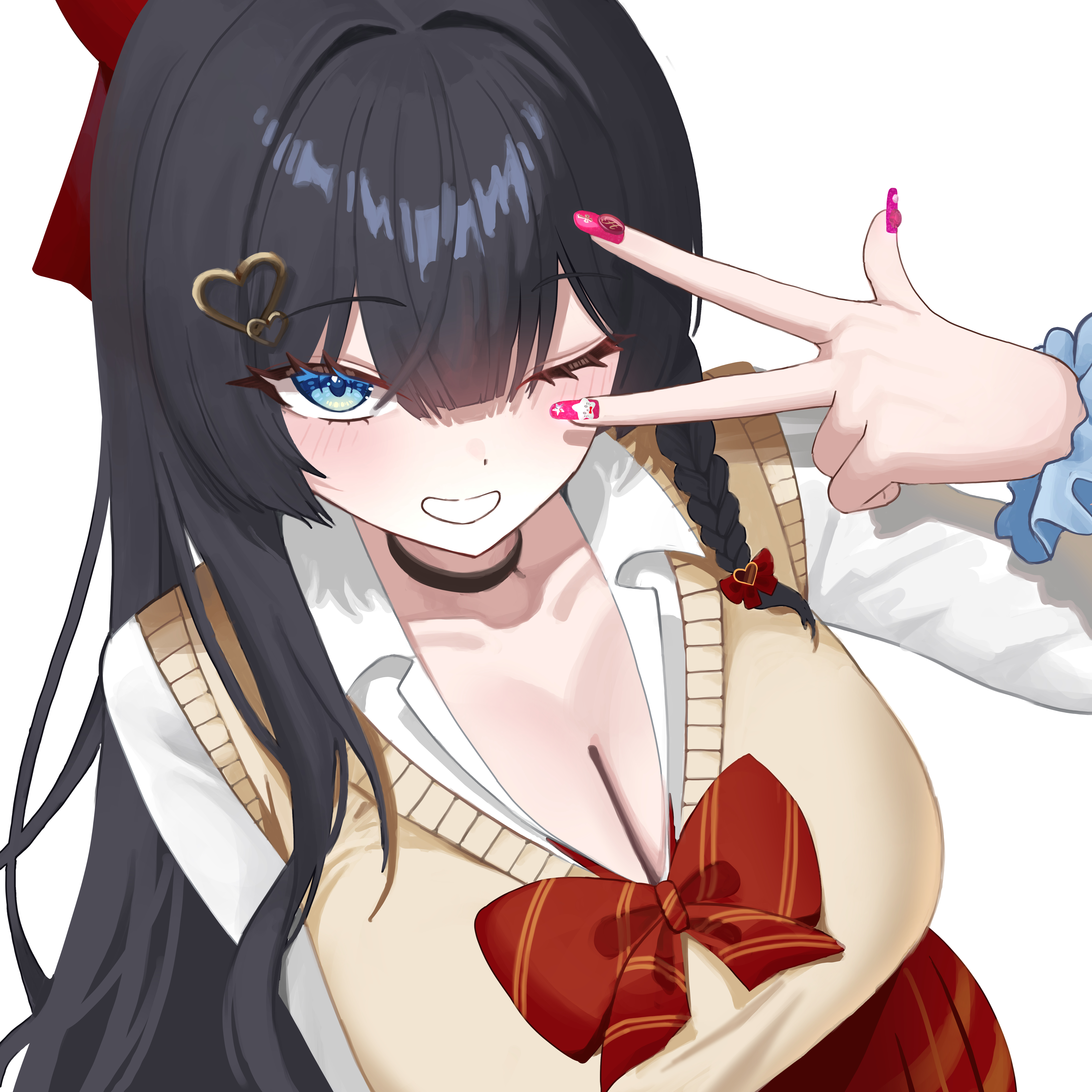 kkaennip, shirayuki hina, stellive, absurdres, commentary request, highres, korean commentary, 1girl, black choker, black hair, blue eyes, blue scrunchie, bow, bowtie, braid, breasts, choker, cleavage, diagonal-striped bow, diagonal-striped bowtie, diagonal-striped clothes, double-parted bangs, fake nails, from above, grin, hair bow, hair ornament, hand up, heart, heart hair ornament, huge breasts, long hair, looking at viewer, looking up, one eye closed, pink nails, red bow, red bowtie, scrunchie, shirt, simple background, smile, solo, straight hair, striped bow, striped bowtie, striped clothes, sweater vest, upper body, very long hair, w, w over eye, white background, white shirt, wrist scrunchie, yellow sweater vest