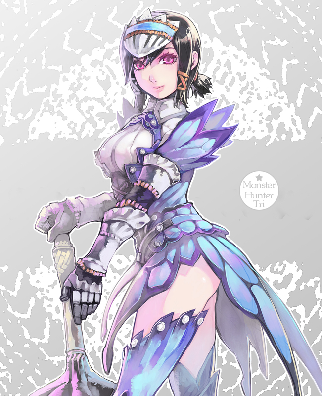 aoin, capcom, monster hunter (series), monster hunter 3, 1girl, armor, black hair, bnahabra (armor), bunaha, female focus, from side, gauntlets, hair between eyes, pink eyes, ponytail, short hair, solo, thighhighs, weapon