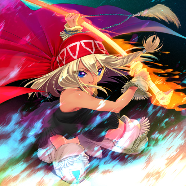 minami (apricot tea), alumi niumbirch, shaman king, bad id, bad pixiv id, 1girl, bandana, beads, blonde hair, blue eyes, boots, braid, colorful, dress, female focus, fringe trim, glowing, native american, solo, sword, weapon