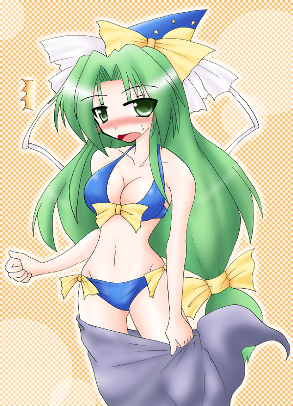 ryutotoranoikkiuchi, mima (touhou), touhou, touhou (pc-98), bad id, bad pixiv id, 1girl, bare shoulders, bikini, blue bikini, blush, bow, breasts, cleavage, female focus, green eyes, green hair, hair bow, hat, large breasts, long hair, matching hair/eyes, navel, solo, swimsuit, undressing, very long hair, wizard hat