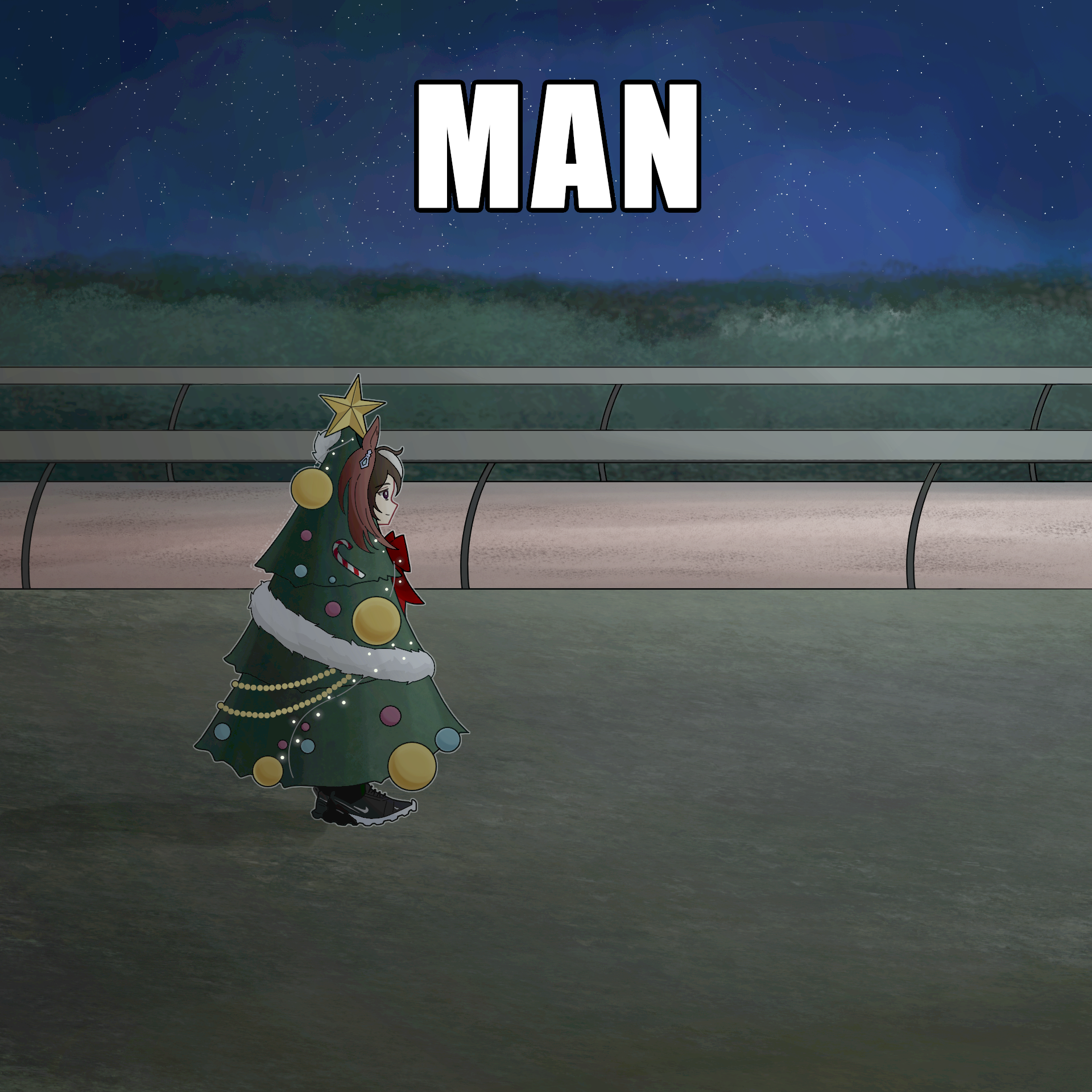 frostto, symboli rudolf (christmas emperor tree) (umamusume), symboli rudolf (umamusume), umamusume, highres, 1girl, animal ears, bow, brown hair, candy, candy cane, christmas ornaments, christmas tree, christmas tree costume, closed mouth, english text, food, from side, hair between eyes, horse ears, horse girl, horse racing track, long hair, man (meme), meme, multicolored hair, night, night sky, outdoors, purple eyes, red bow, sky, solo, star (symbol), streaked hair, tree costume, white hair