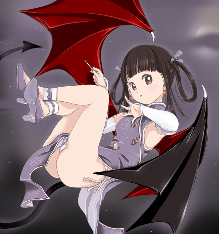 yozora, original, 1girl, ass, bat wings, black hair, blush, bridal gauntlets, china dress, chinese clothes, crossed legs, demon girl, demon wings, dress, earrings, elbow gloves, female focus, gloves, hair ribbon, high heels, jewelry, lipstick, makeup, nail polish, panties, pantyshot, purple eyes, ribbon, shoes, side slit, sitting, solo, tail, twintails, underwear, vampire, white panties, wings