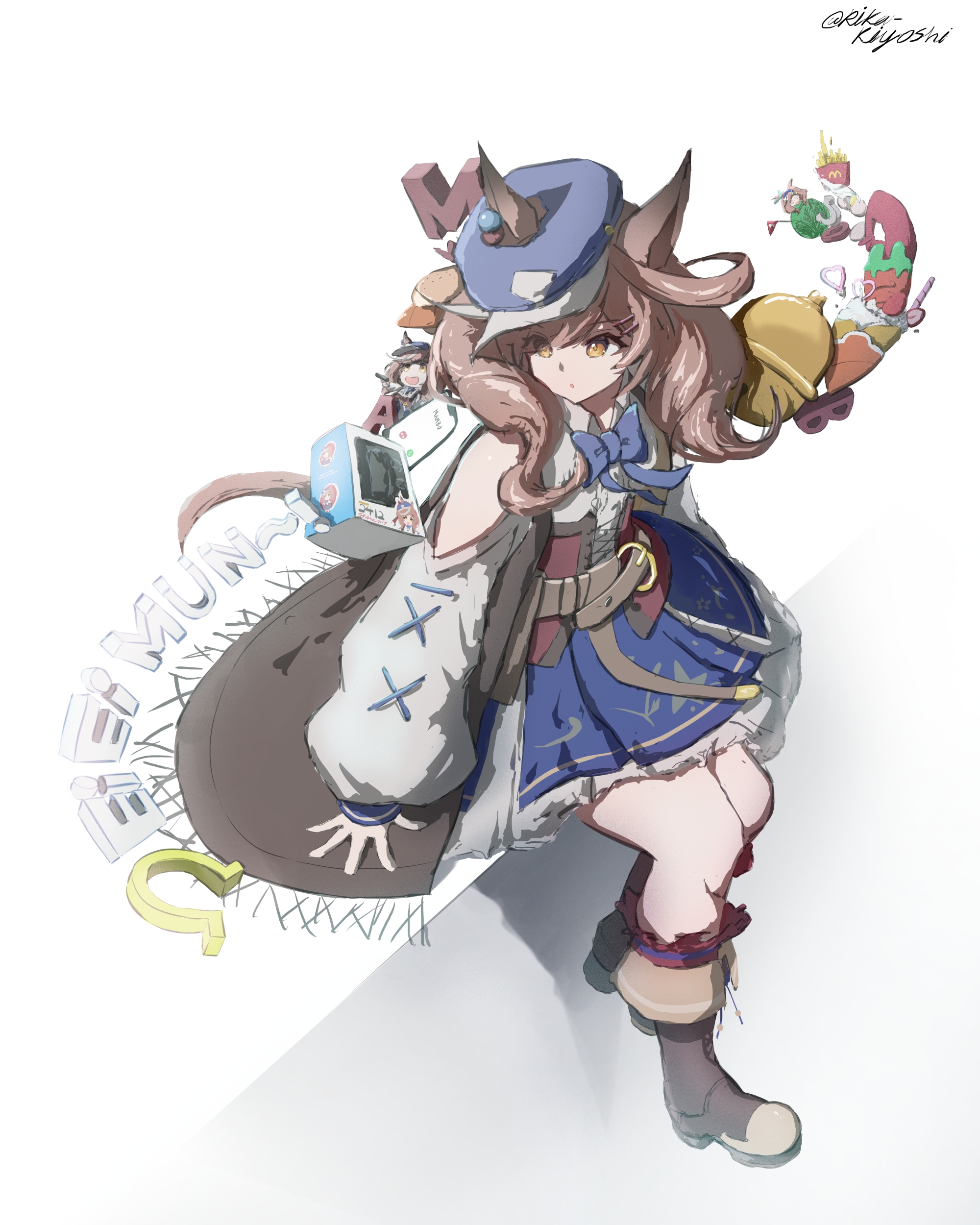 matikanetannhauser (panpaka tiltott) (umamusume), matikanetannhauser (umamusume), umamusume, absurdres, highres, 1girl, animal ears, bell, blue bow, blue hat, blue skirt, boots, bow, breasts, brown boots, brown cape, brown hair, cape, center frills, character doll, clothing cutout, corset, crepe, doll, ears through headwear, ei ei mun!, food, french fries, frills, hair ornament, hairclip, hat, horse ears, horse girl, horse tail, horseshoe, long hair, long sleeves, multicolored hair, newsboy cap, red corset, rika-kiyoshi, shirt, shoulder cutout, sitting, skirt, socks, solo, streaked hair, tail, tilted headwear, white shirt, yellow eyes