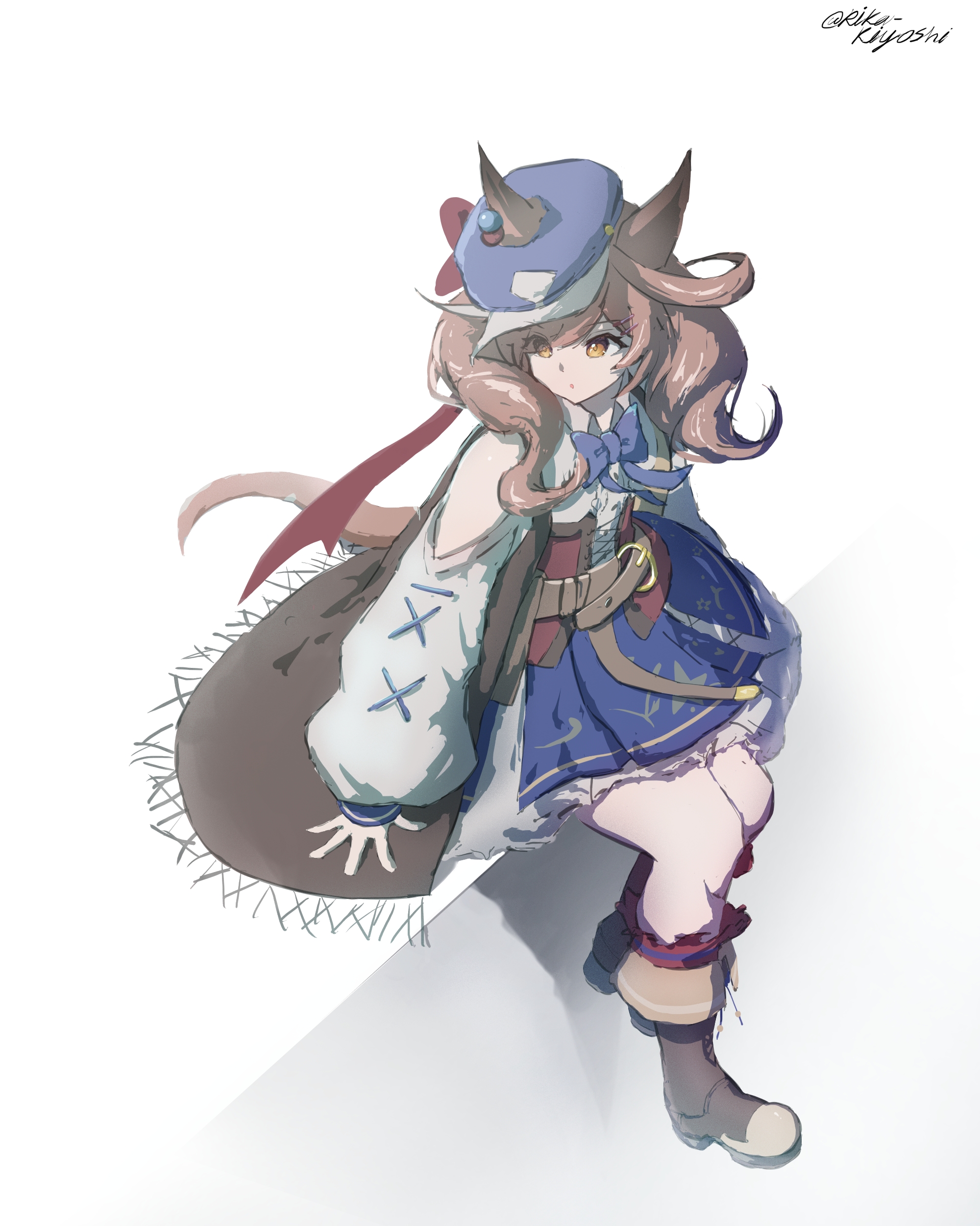 matikanetannhauser (panpaka tiltott) (umamusume), matikanetannhauser (umamusume), umamusume, absurdres, highres, 1girl, animal ears, blue bow, blue hat, blue skirt, boots, bow, breasts, brown boots, brown cape, brown hair, cape, center frills, clothing cutout, corset, ears through headwear, frills, hair ornament, hairclip, hat, horse ears, horse girl, horse tail, long hair, long sleeves, multicolored hair, newsboy cap, red corset, rika-kiyoshi, shirt, shoulder cutout, sitting, skirt, socks, solo, streaked hair, tail, tilted headwear, white shirt, yellow eyes