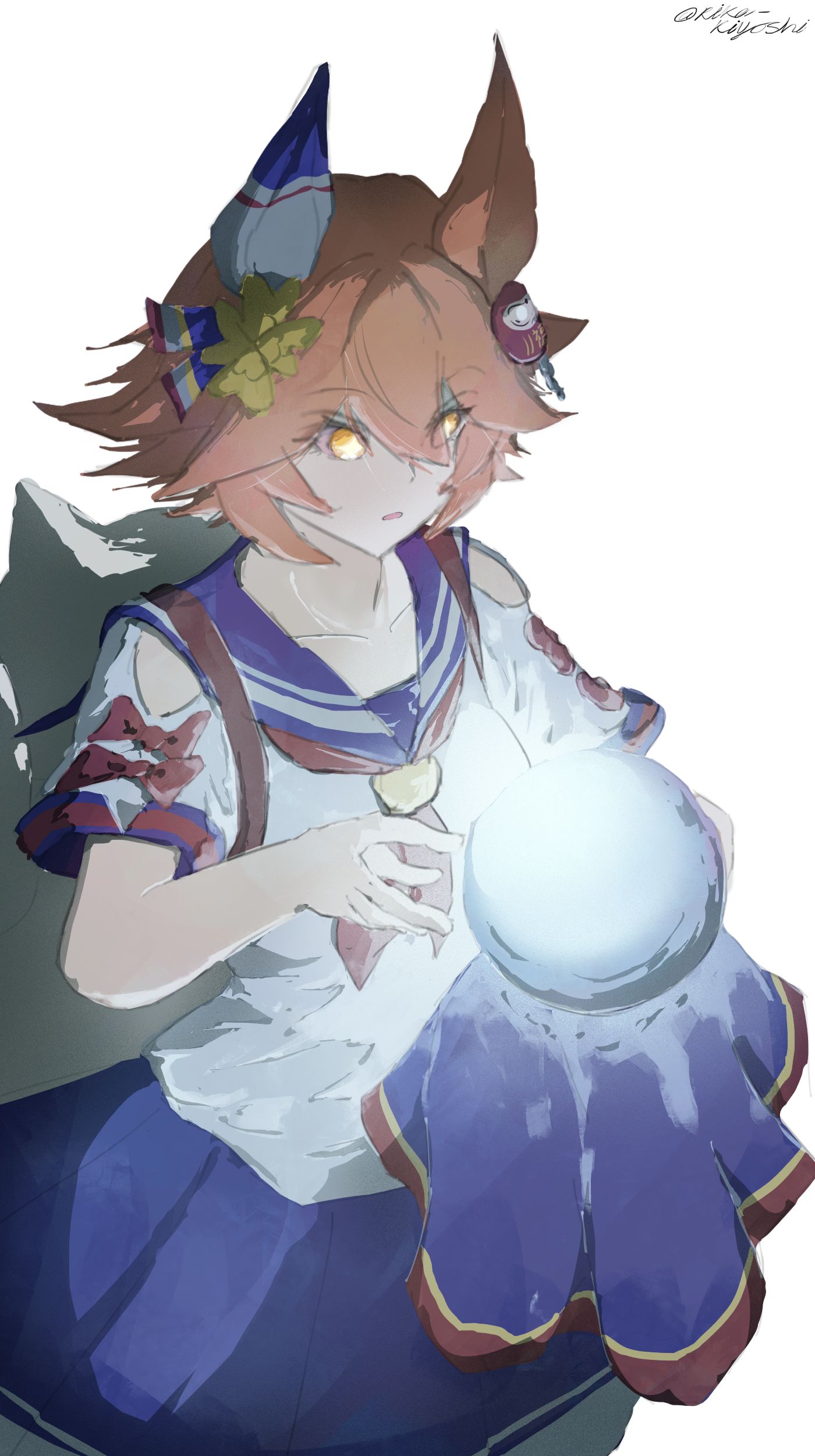 matikanefukukitaru (rising fortune) (umamusume), matikanefukukitaru (umamusume), umamusume, absurdres, highres, + +, 1girl, animal ears, backpack, bag, blue sailor collar, blue skirt, clover hair ornament, crystal ball, daruma doll, daruma doll hair ornament, ear covers, flipped hair, hair between eyes, hair ornament, holding, holding orb, horse ears, horse girl, neckerchief, orange hair, orb, red neckerchief, rika-kiyoshi, sailor collar, school uniform, serafuku, shirt, short hair, simple background, single ear cover, skirt, solo, star-shaped pupils, star (symbol), symbol-shaped pupils, white background, white shirt