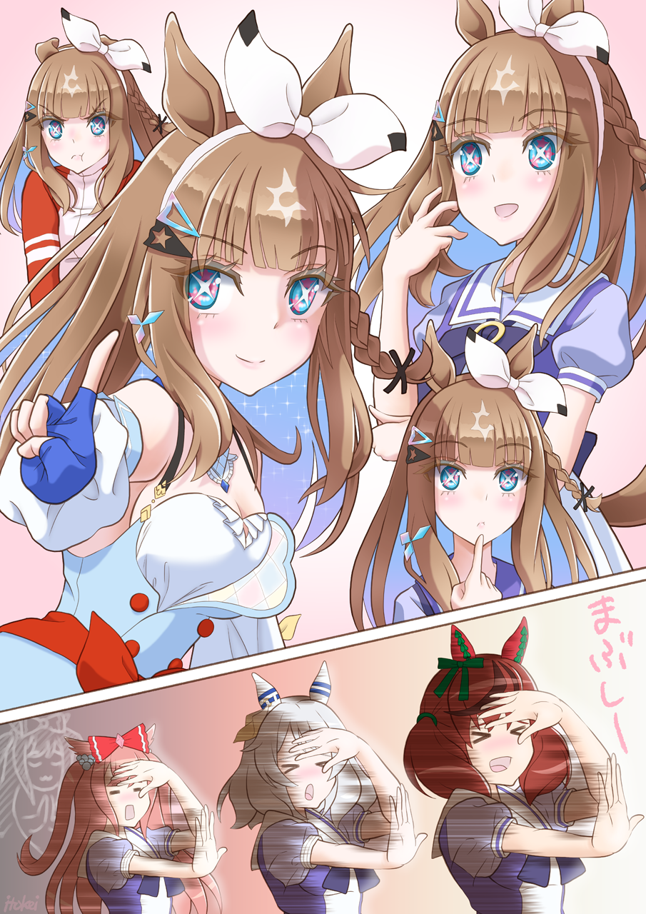 wonder-ranch, agnes digital (umamusume), almond eye (umamusume), hishi miracle (umamusume), nice nature (umamusume), umamusume, highres, > <, + +, 4girls, animal ears, blue eyes, blue gloves, blush, bow, bow hairband, braid, braided sidelocks, breasts, brown hair, closed eyes, closed mouth, colored inner hair, covering own eyes, detached sleeves, dress, ear bow, ear covers, fingerless gloves, gloves, green bow, grey hair, hair between eyes, hair bow, hair ornament, hairband, hairclip, horse ears, horse girl, jacket, long hair, medium hair, multicolored hair, multiple girls, open mouth, pink hair, pout, puffy short sleeves, puffy sleeves, purple bow, purple shirt, red button, red jacket, sailor collar, sailor shirt, school uniform, shirt, short sleeves, smile, streaked hair, symbol-shaped pupils, tracen school uniform, tracen training uniform, track jacket, white hairband, white sailor collar, x-shaped pupils