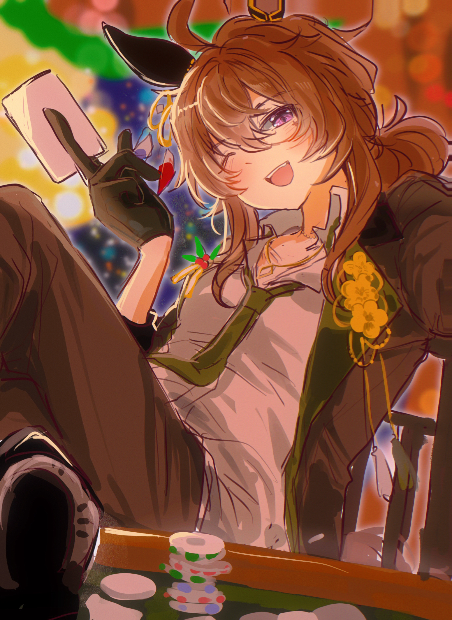 roroko momo, nakayama festa (festival game) (umamusume), nakayama festa (umamusume), umamusume, highres, ahoge, animal ears, blush, breasts, brown hair, card, chair, collared shirt, ear covers, feet up, gloves, hair between eyes, holding, holding card, horse ears, horse girl, horse tail, jacket, long hair, long sleeves, necktie, open clothes, open jacket, open mouth, pants, poker chip, poker table, purple eyes, shirt, single ear cover, single glove, sitting, smile, table, tail