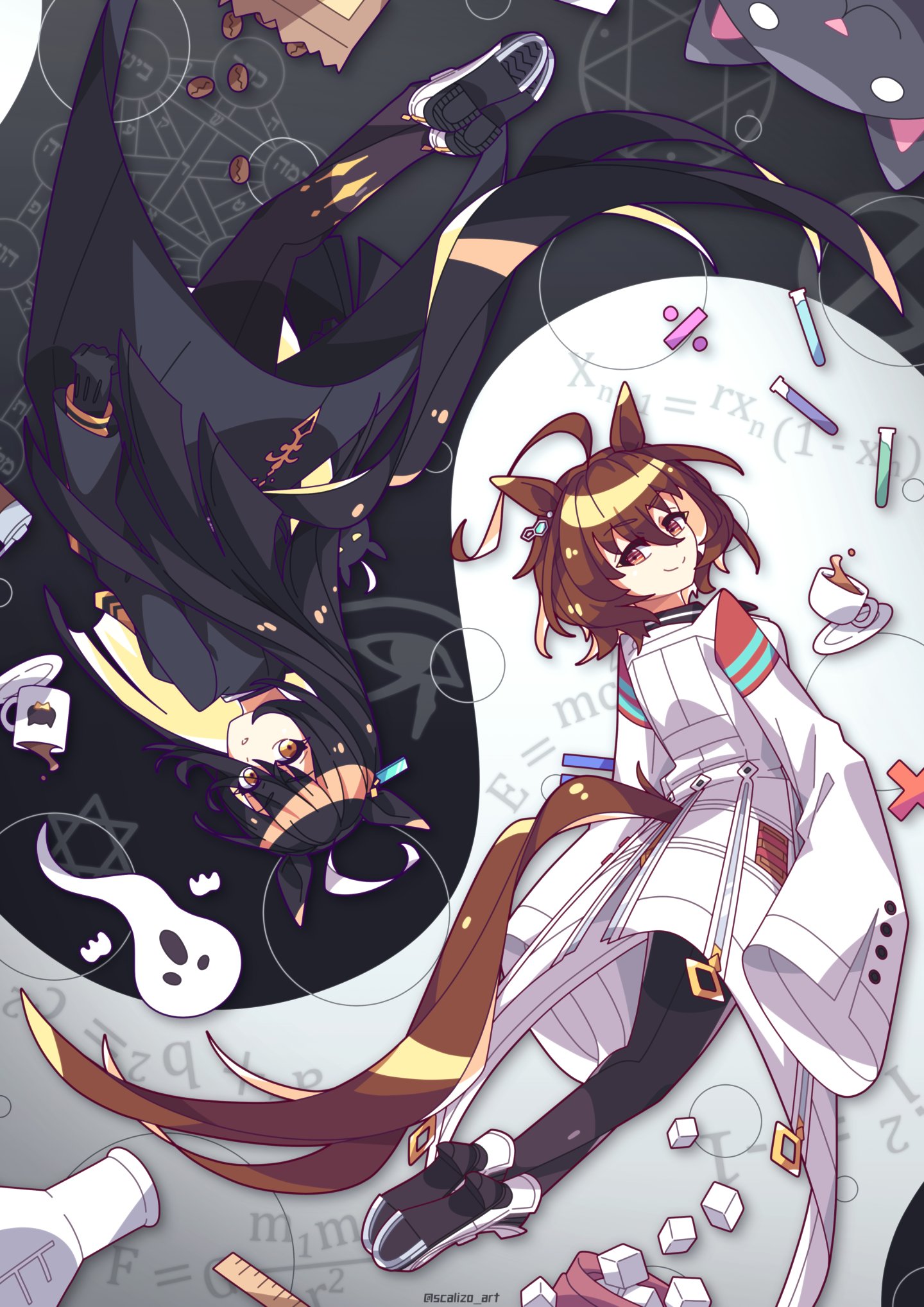 scalizo, agnes tachyon (tach-nology) (umamusume), agnes tachyon (umamusume), manhattan cafe (umamusume), umamusume, highres, 2girls, ahoge, animal ears, beaker, black coat, black gloves, black hair, brown hair, cat, chemical structure, closed mouth, coat, coffee, coffee beans, coffee mug, cup, division sign, ear tag, earrings, ghost, gloves, hair between eyes, horse ears, horse girl, horse tail, jewelry, lab coat, long bangs, long hair, long hair between eyes, long sleeves, looking at viewer, manhattan cafe (creeping shadow) (umamusume), math, mug, multicolored hair, multiple girls, necktie, pantyhose, parted lips, red eyes, ruler, saucer, shoes, single earring, sleeves past fingers, sleeves past wrists, smile, sugar cube, tail, test tube, white coat, white hair, yellow eyes, yellow necktie