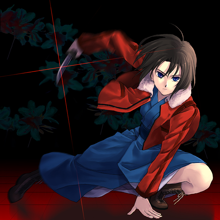 momo (gomenne), mou ii, ryougi shiki, kara no kyoukai, bad id, bad pixiv id, 1girl, black hair, boots, combat boots, female focus, jacket, japanese clothes, kimono, knife, motion blur, red jacket, short hair, solo