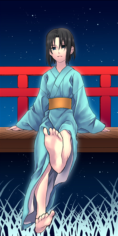 momo (gomenne), mou ii, ryougi shiki, kara no kyoukai, bad id, bad pixiv id, 1girl, bad anatomy, bad feet, barefoot, black hair, feet, female focus, japanese clothes, kimono, night, poorly drawn, short hair, solo