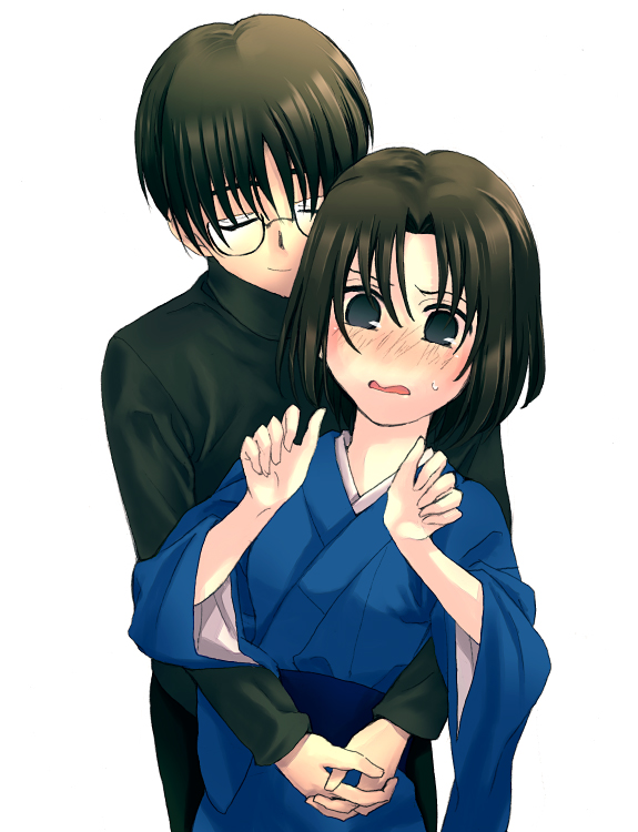 momo (gomenne), mou ii, kokutou mikiya, ryougi shiki, kara no kyoukai, bad id, bad pixiv id, 1boy, 1girl, black hair, blush, glasses, hetero, hug, japanese clothes, kimono, short hair