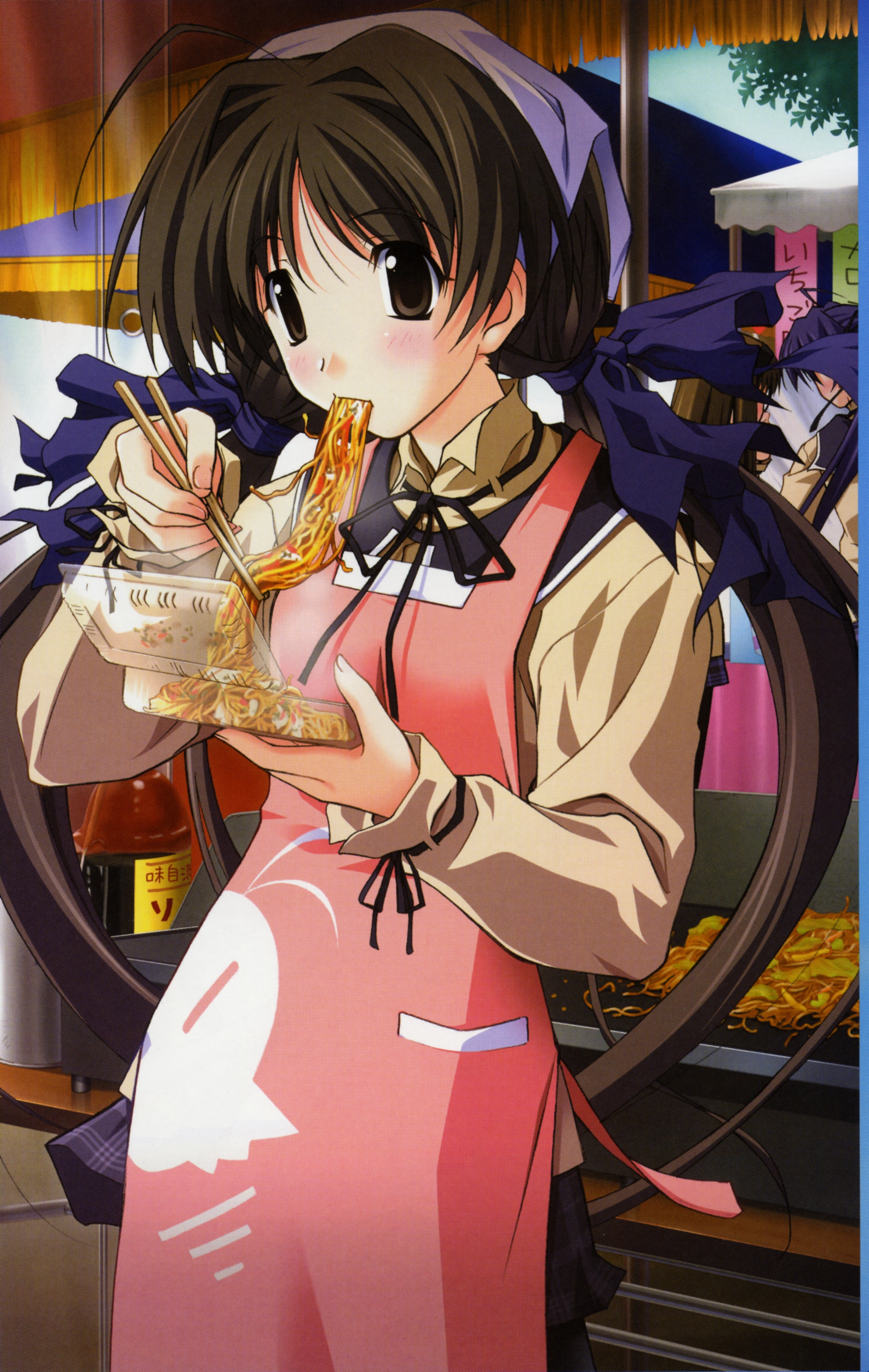 matsuo yukihiro, shirakawa hotaru, memories off, memories off 2nd, absurdres, highres, scan, 1girl, ahoge, apron, blush, brown eyes, brown hair, chopsticks, eating, female focus, food, food stand, headscarf, long hair, ribbon, school uniform, solo, twintails, white headscarf, yakisoba