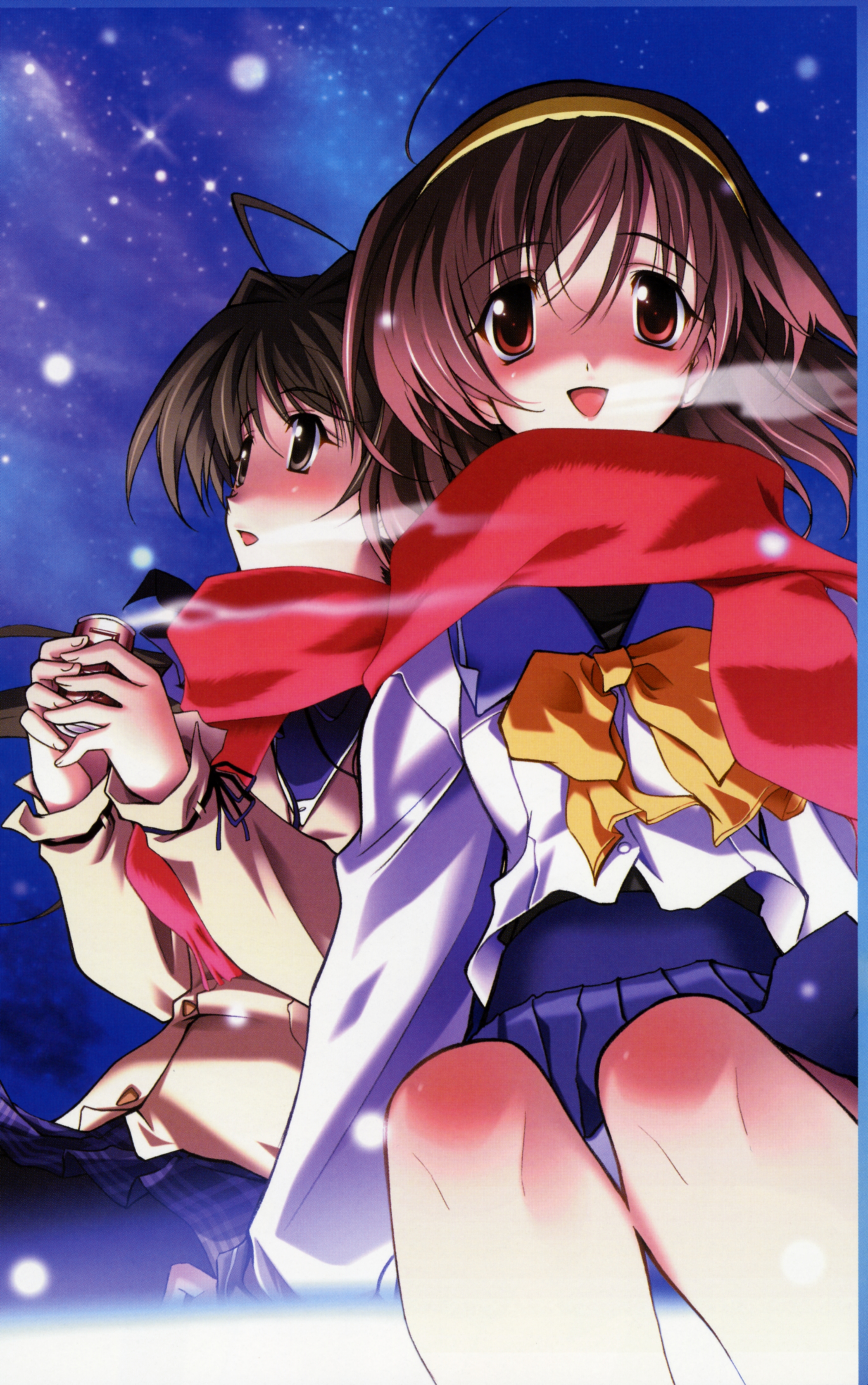 matsuo yukihiro, imasaka yue, shirakawa hotaru, memories off, memories off 2nd, absurdres, highres, 2girls, brown eyes, brown hair, hairband, multiple girls, night, night sky, scarf, school uniform, serafuku, short hair, sky, star (sky), star (symbol), starry sky, twintails