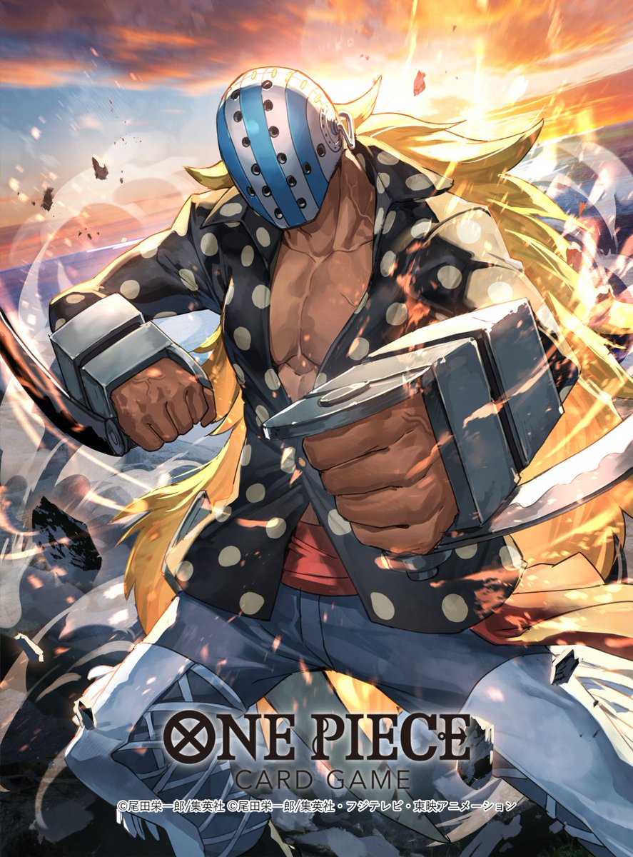 dai-xt, killer (one piece), one piece, one piece card game, commentary request, highres, official art, 1boy, blonde hair, cloud, collared shirt, copyright name, hockey mask, holding, holding weapon, long hair, male focus, mask, outdoors, polka dot, red sash, sash, shirt, solo, sunset, veins, weapon