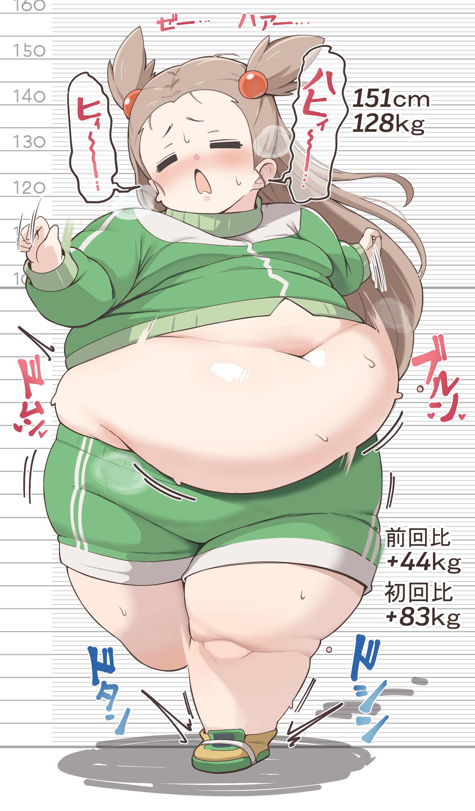 kukuru, jasmine (pokemon), nintendo, pokemon, pokemon gsc, 1girl, belly, big belly, blush, breasts, brown hair, closed eyes, fat, fat woman, green jacket, green shorts, gym shorts, gym uniform, hair horns, hair ornament, height chart, jacket, long hair, navel, obese, open mouth, running, shoes, shorts, small breasts, solo, sound effects, sphere hair ornament, standing, sweat, thick thighs, thighs, tight clothes, track jacket, two side up, white background