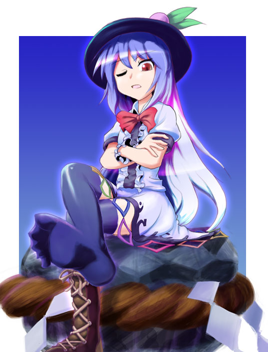 m spark, hinanawi tenshi, touhou, 1girl, blue hair, female focus, food, fruit, hat, kaname-ishi, long hair, peach, red eyes, rope, shimenawa, shoes, single shoe, solo