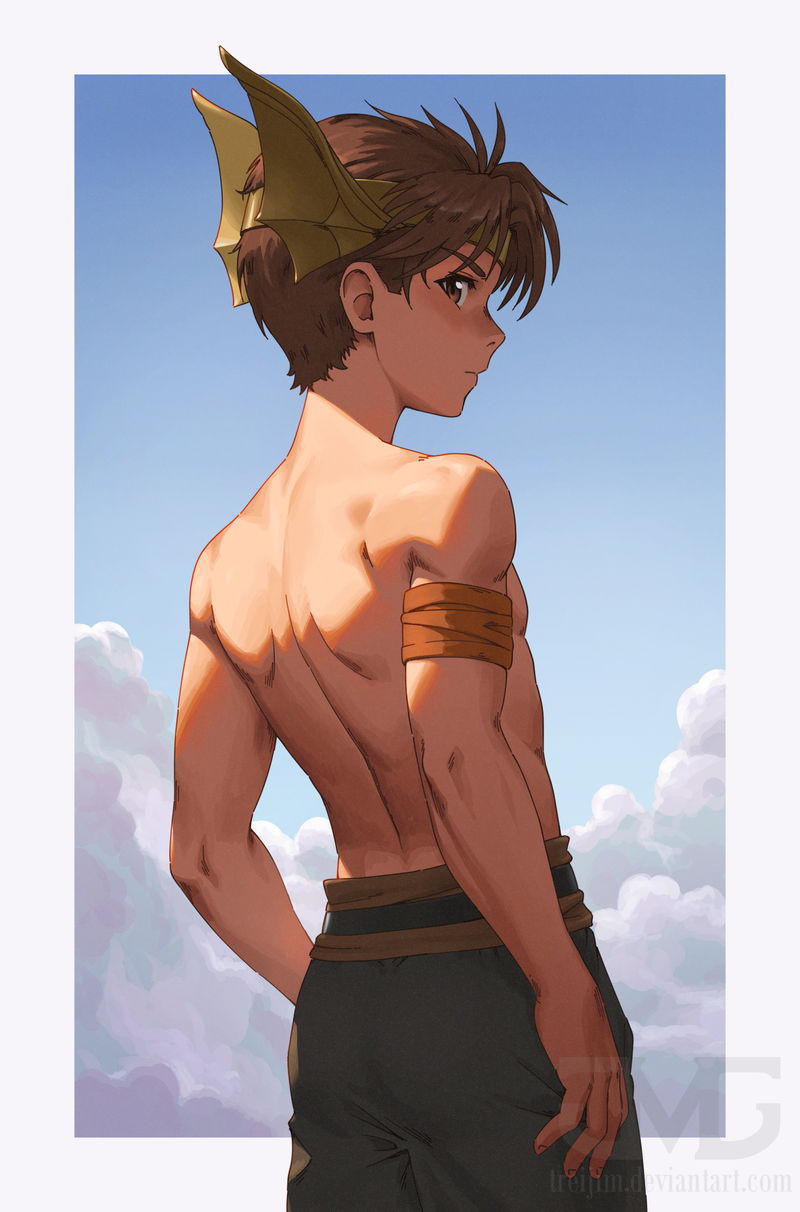 treijim, futch (suikoden), gensou suikoden, gensou suikoden ii, highres, 1boy, armband, back, border, brown hair, closed mouth, cloud, cloudy sky, male focus, pants, profile, short hair, sky, solo, toned, toned male, topless male, upper body, winged headwear