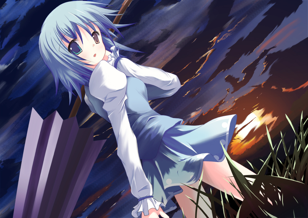 yuzuhara902, tatara kogasa, touhou, 1girl, blue hair, cloud, female focus, heterochromia, karakasa obake, outdoors, plant, short hair, sky, solo, standing, umbrella