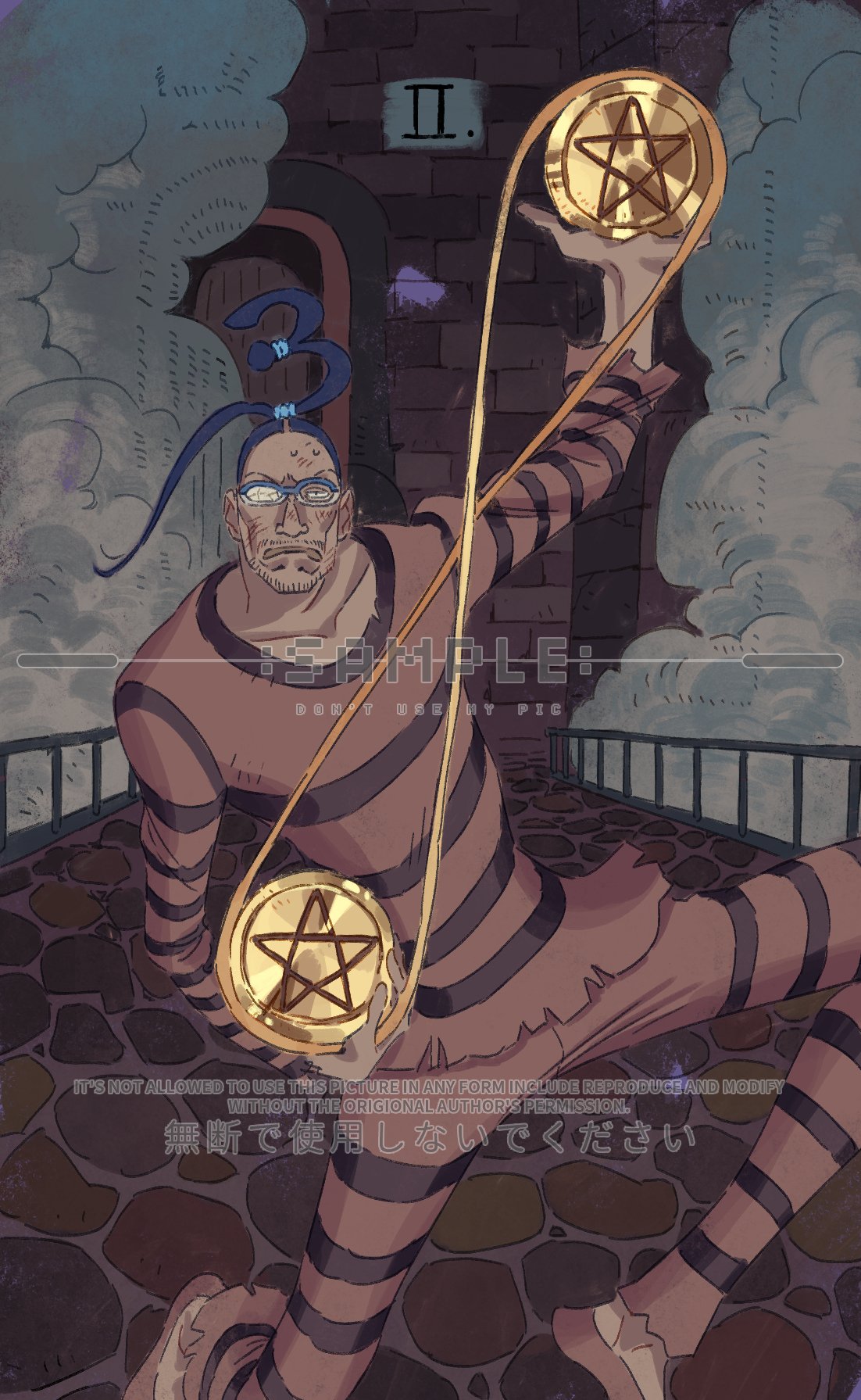 siyangou49, galdino, one piece, commentary, english commentary, highres, 1boy, beard stubble, black hair, broken eyewear, closed mouth, facial hair, glasses, holding, male focus, prison clothes, roman numeral, sample watermark, solo, stubble, sweatdrop, watermark