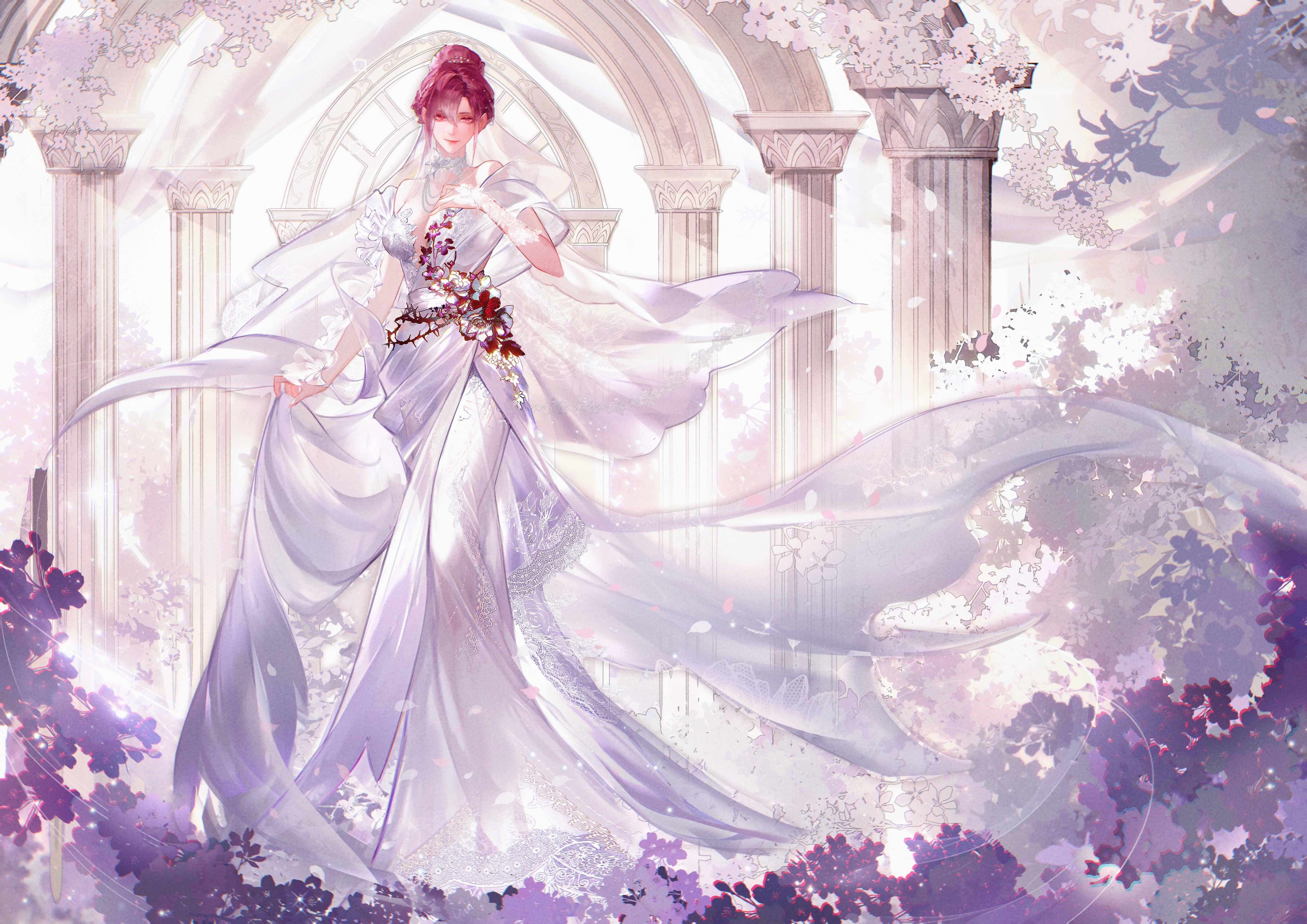 qingci, shalom (path to nowhere), path to nowhere, absurdres, chinese commentary, commentary, highres, 1girl, alternate costume, arch, asymmetrical bangs, bare arms, bare shoulders, breasts, breasts apart, choker, clothes lift, colonnade, covered collarbone, dress, dress lift, floating clothes, flower, flower choker, full body, glowing, glowing eye, hair between eyes, hair bun, hand on own chest, heterochromia, hobble dress, lace, lace choker, long dress, looking at viewer, pearl hair ornament, plunging neckline, purple eyes, purple flower, purple hair, shawl, smile, solo, standing, strapless, strapless dress, thorns, updo, veil, wedding dress, white choker, white dress, white flower, white shawl