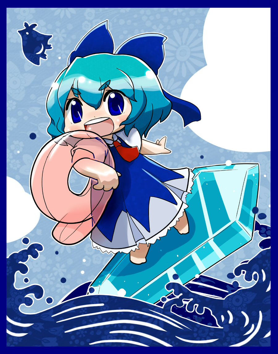 tefu, cirno, embodiment of scarlet devil, touhou, 1girl, bird, blue eyes, blue hair, bow, chibi, circled 9, female focus, hair bow, matching hair/eyes, open mouth, short hair, solo, surfing, water