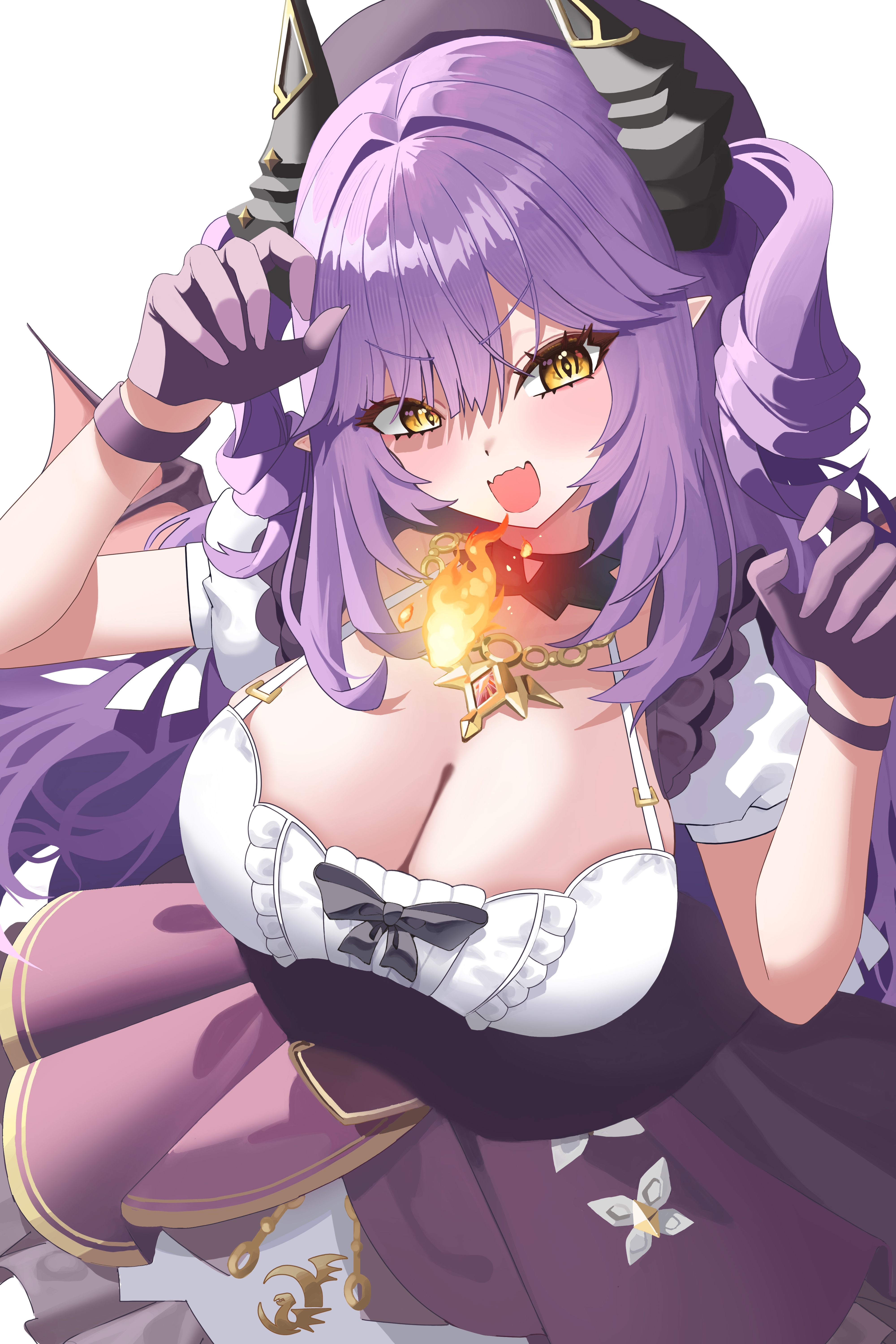 kkaennip, sakihane huya, stellive, absurdres, commentary, highres, 1girl, black bow, black collar, bow, breasts, claw pose, cleavage, collar, dragon girl, dragon horns, fang, feet out of frame, fire, gloves, hands up, horns, huge breasts, long hair, looking at viewer, open mouth, parted bangs, purple gloves, purple hair, purple skirt, shirt, shirt bow, simple background, skin fang, skirt, solo, v-shaped eyebrows, very long hair, virtual youtuber, white background, white shirt, yellow eyes