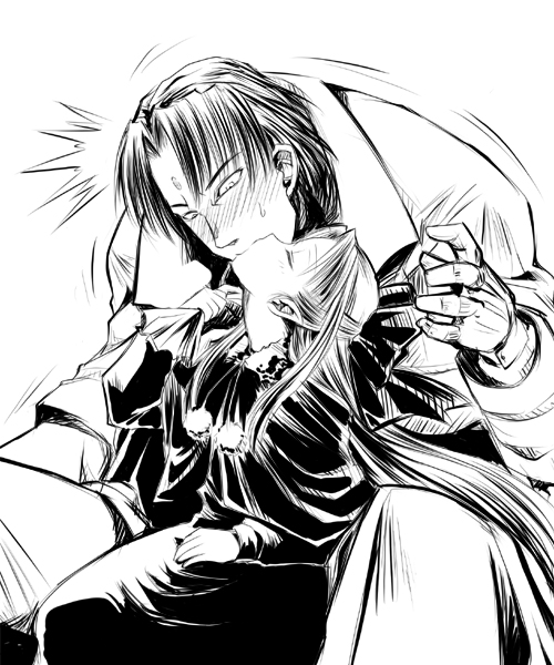 inusurvivor, kagami shinnosuke, len (tsukihime), bakumatsu rouman, m.u.g.e.n, melty blood, snk, tsukihime, type-moon, character request, 00s, 1boy, 1girl, blush, greyscale, half updo, height difference, hetero, kiss, monochrome, surprised