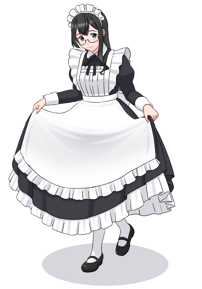 geometrie, ooyodo (kancolle), kantai collection, 1girl, alternate costume, apron, black dress, black hair, curtsey, dress, enmaided, frilled apron, frills, glasses, green eyes, juliet sleeves, long sleeves, maid, maid apron, maid headdress, puffy sleeves, semi-rimless eyewear, smile, solo, standing, under-rim eyewear, waist apron, white apron