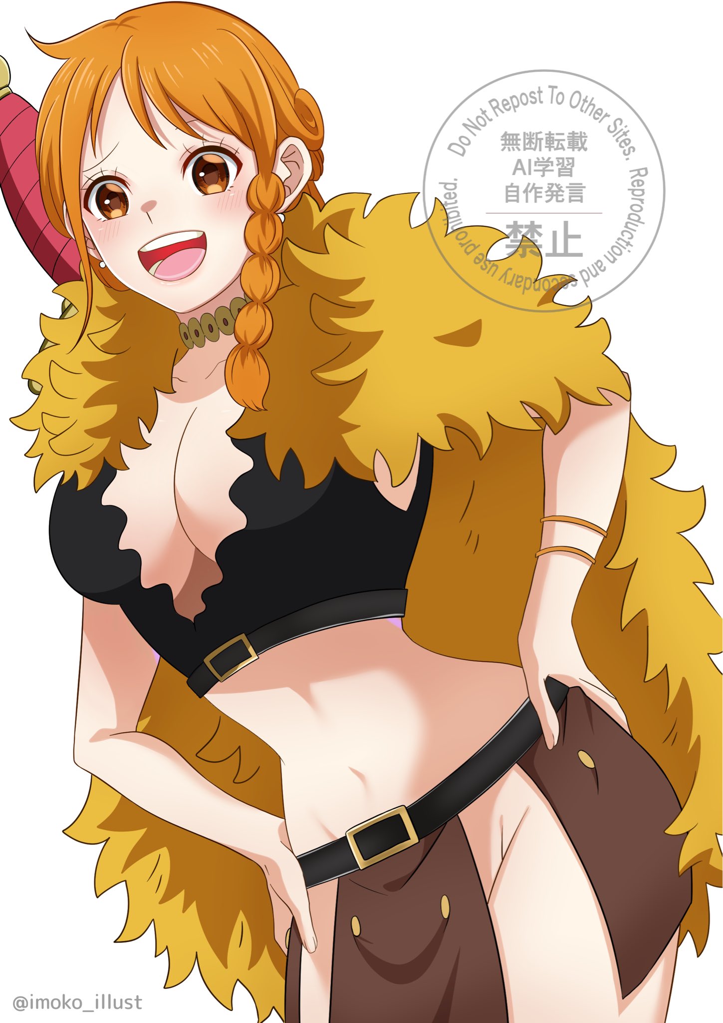 imoko (imoko illust), nami (one piece), one piece, commentary request, highres, 1girl, belt, belt buckle, blush, braid, braided sidelock, breasts, brown eyes, brown loincloth, buckle, cape, cleavage, cowboy shot, crop top, earrings, fur cape, gold choker, hands on own hips, jewelry, large breasts, leaning to the side, long hair, looking at viewer, midriff, narrow waist, navel, no panties, official alternate costume, official alternate hairstyle, open mouth, orange hair, pearl earrings, single sidelock, solo, sword, sword on back, twitter username, weapon, weapon on back, white background, yellow cape